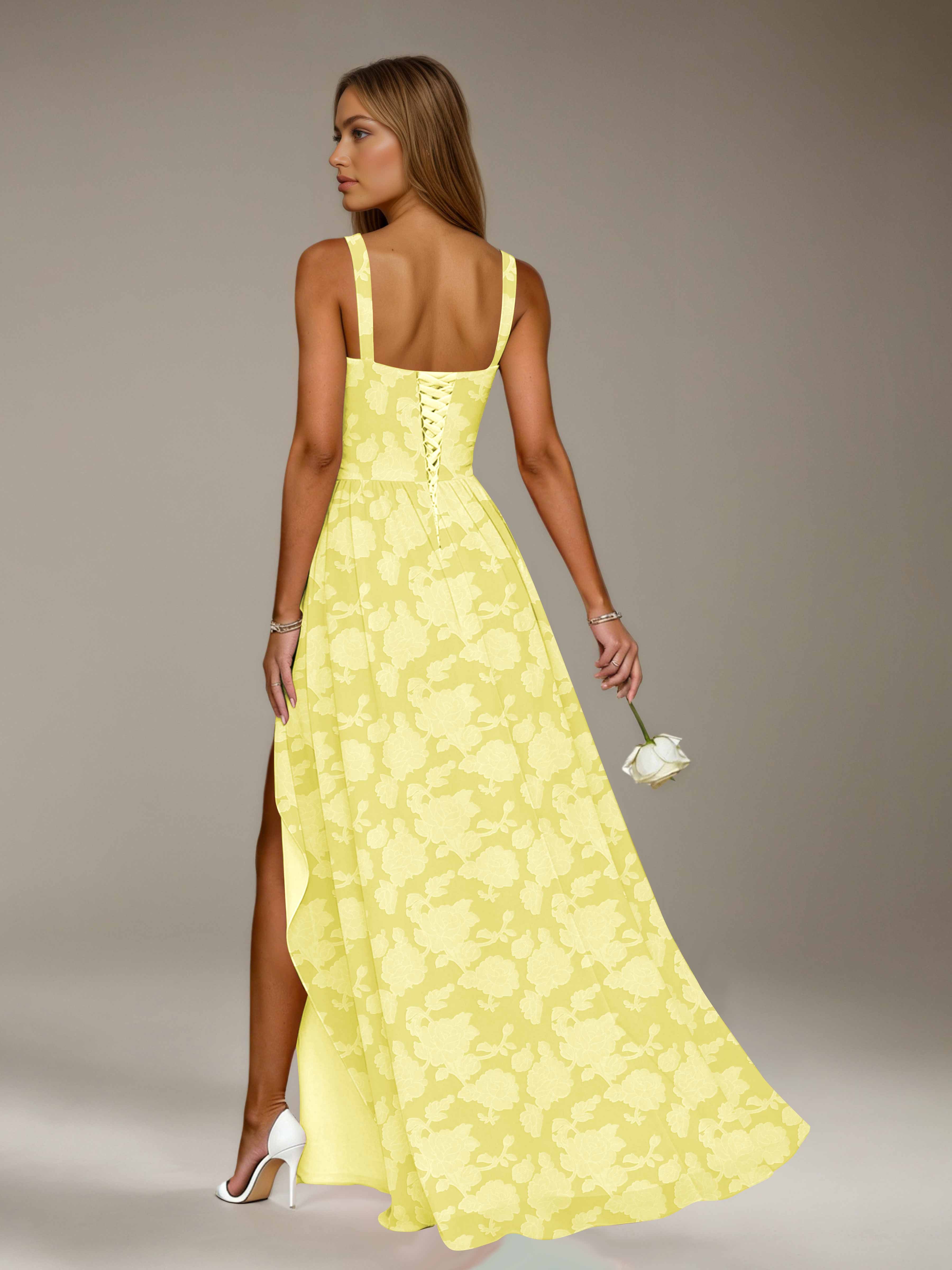 Floral Lace Bridesmaid Dress – A-Line, Square Neck, Sleeveless, Floor-Length, Formal Dress with Slit