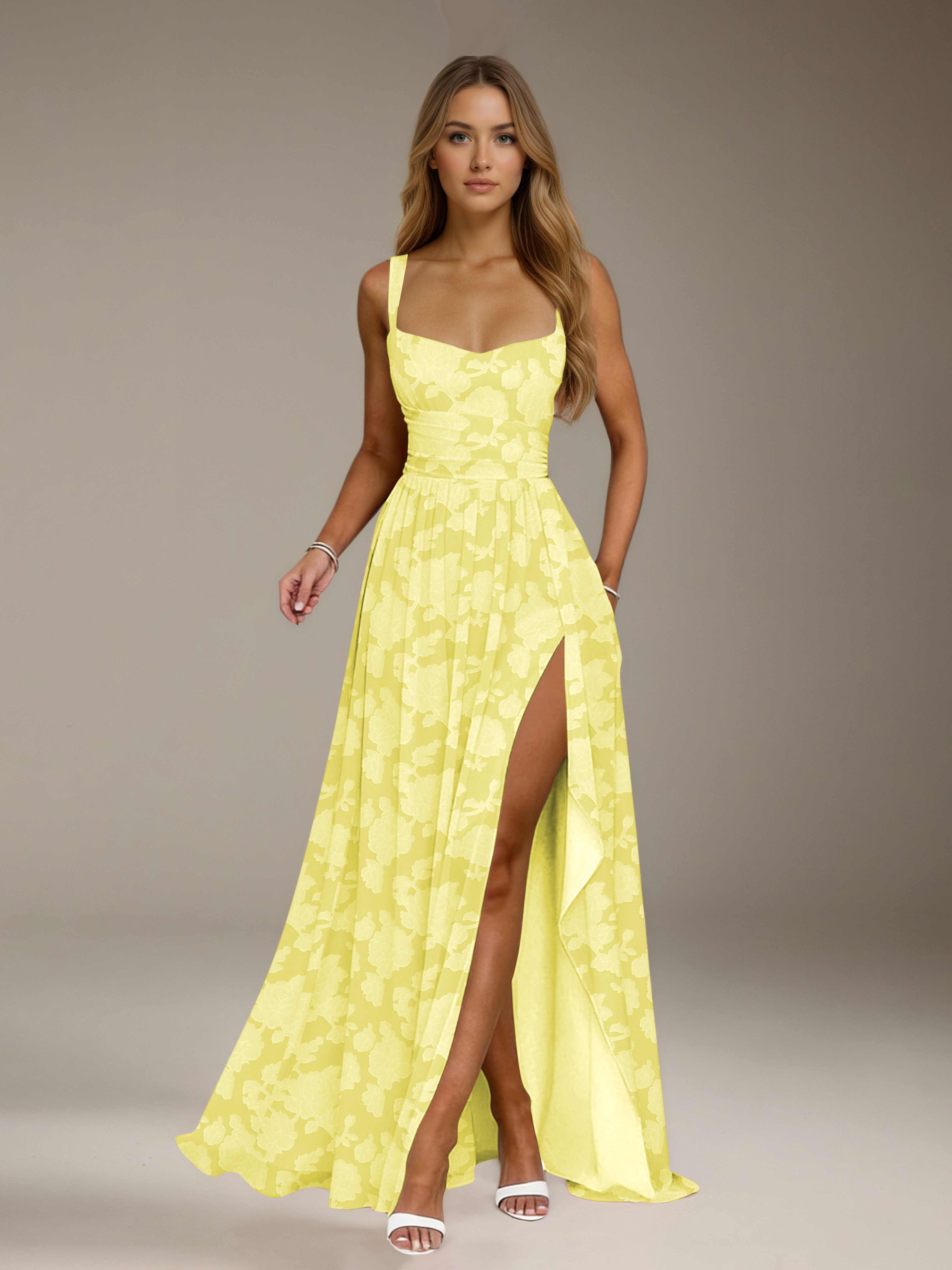 Floral Lace Bridesmaid Dress – A-Line, Square Neck, Sleeveless, Floor-Length, Formal Dress with Slit