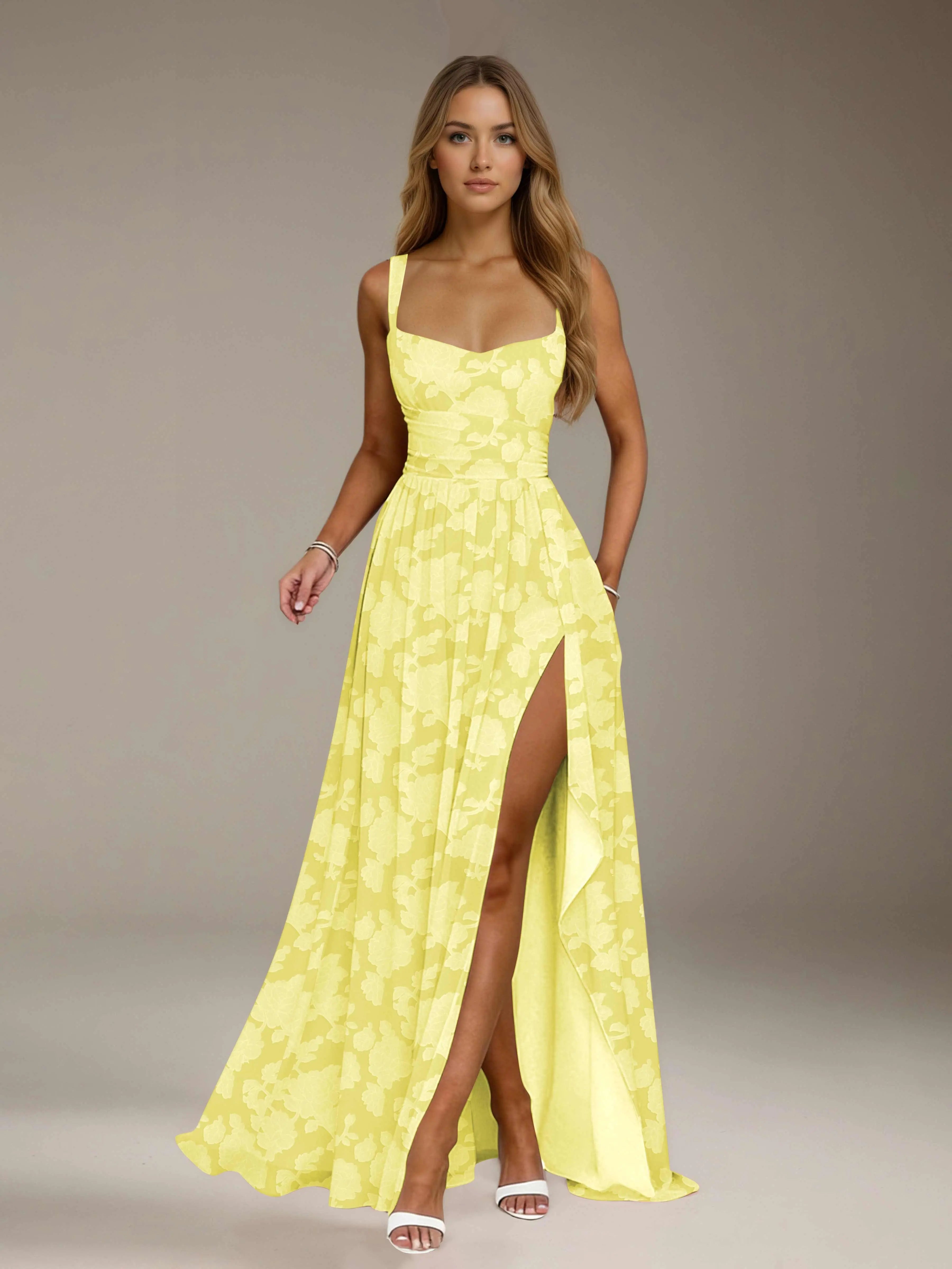 Vestido de dama de honor de encaje floral – Vestido de fiesta sin mangas de línea A con escote cuadrado y largo hasta el suelo con abertura