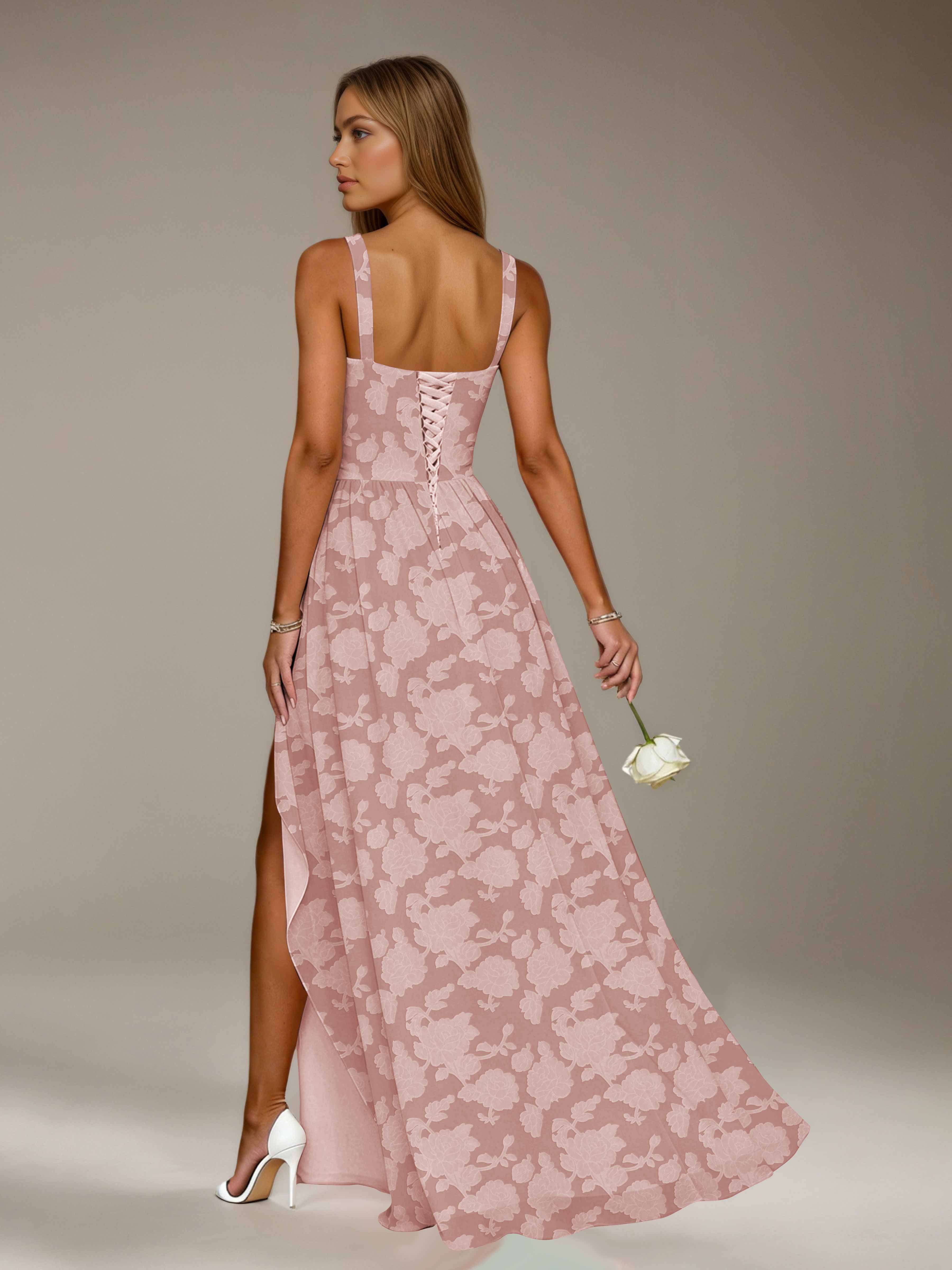 Floral Lace Bridesmaid Dress – A-Line, Square Neck, Sleeveless, Floor-Length, Formal Dress with Slit
