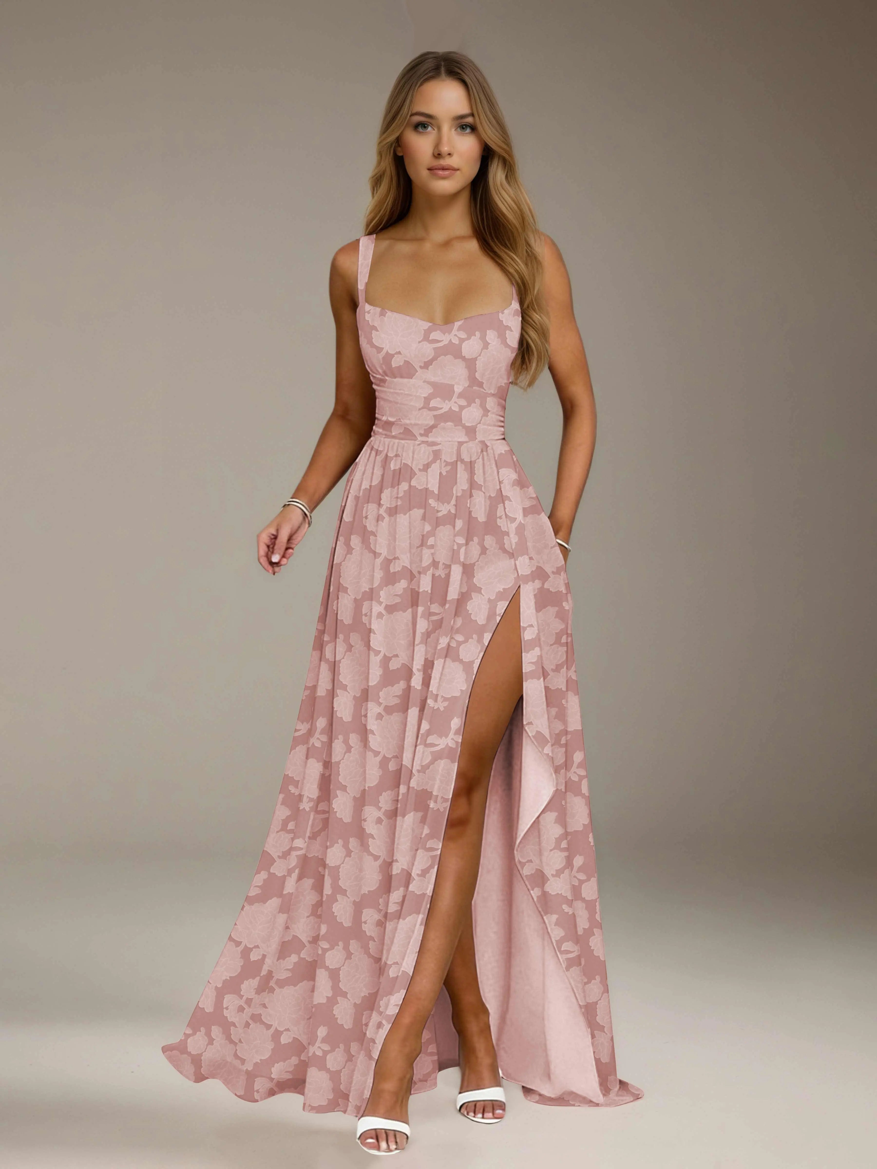 Vestido de dama de honor de encaje floral – Vestido de fiesta sin mangas de línea A con escote cuadrado y largo hasta el suelo con abertura