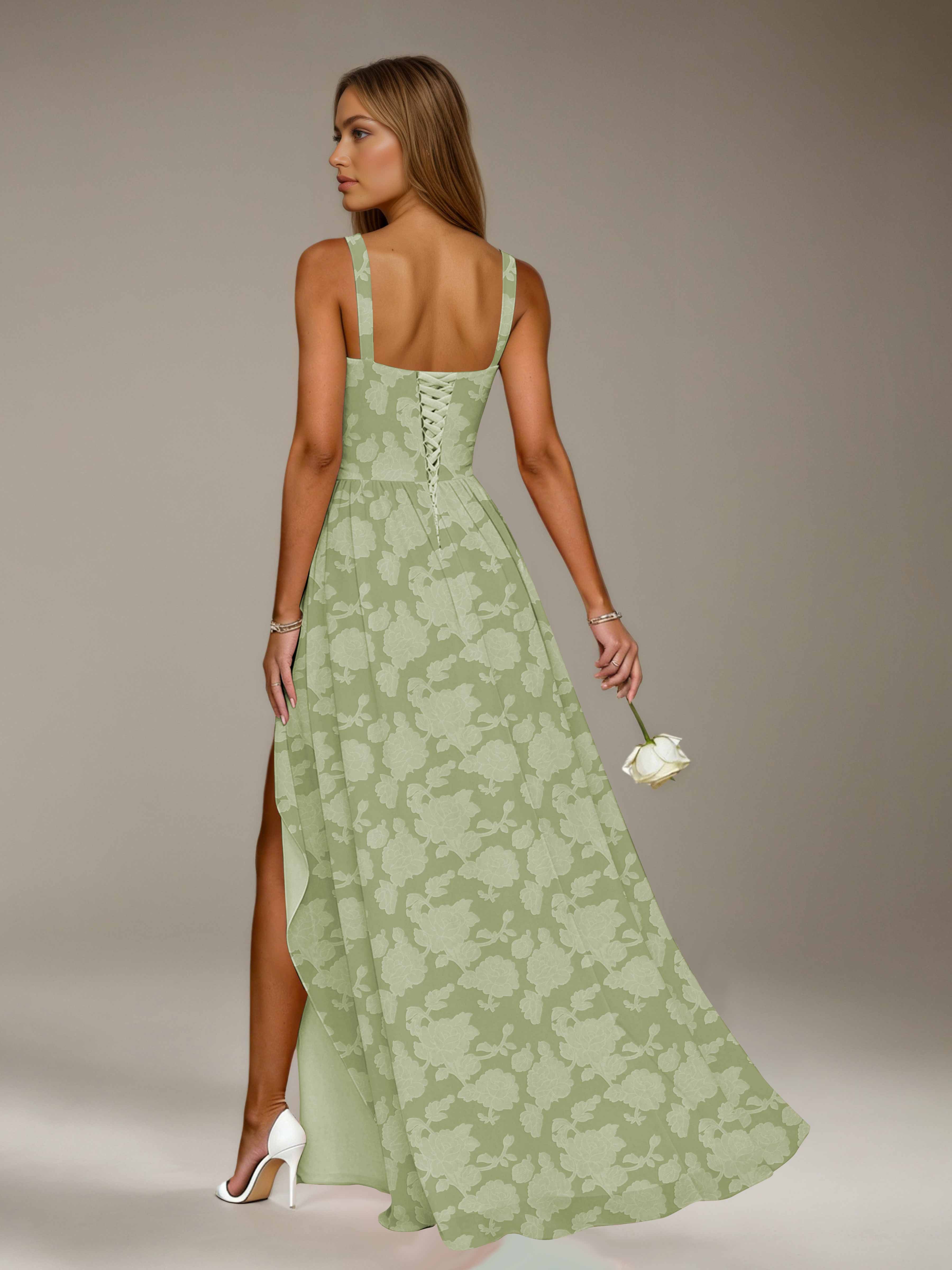 Floral Lace Bridesmaid Dress – A-Line, Square Neck, Sleeveless, Floor-Length, Formal Dress with Slit