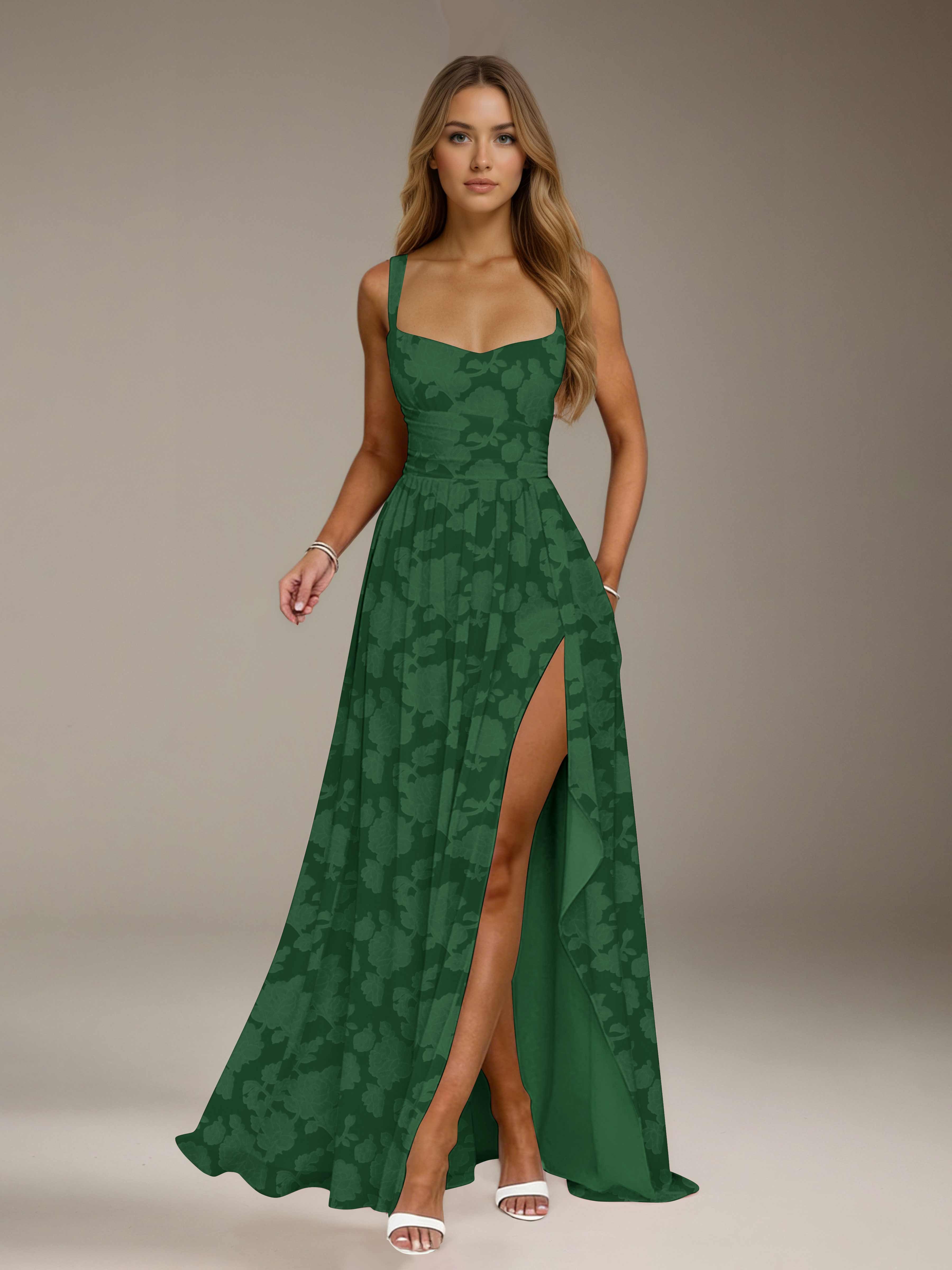 Floral Lace Bridesmaid Dress – A-Line, Square Neck, Sleeveless, Floor-Length, Formal Dress with Slit