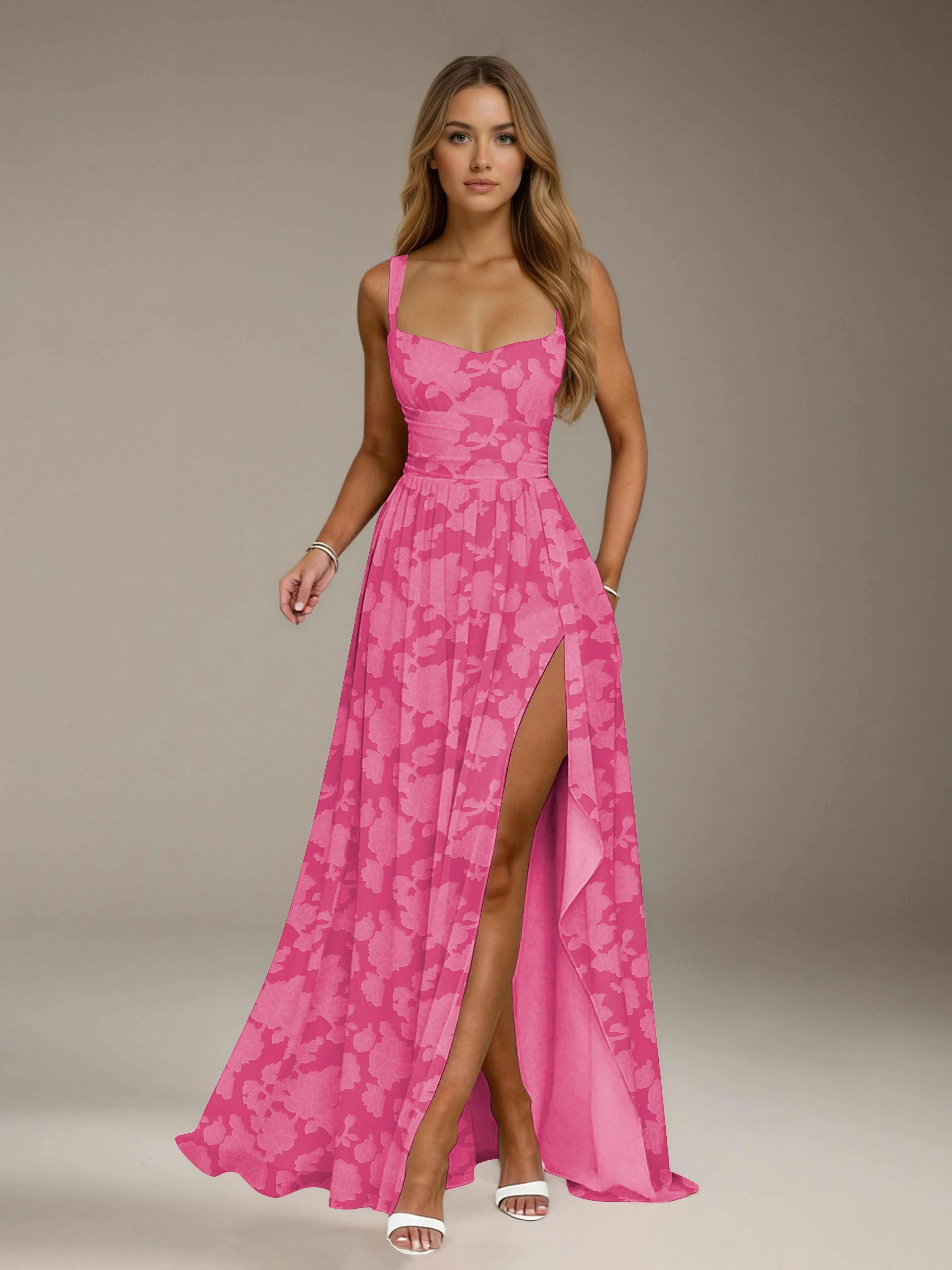 Vestido de dama de honor de encaje floral – Vestido de fiesta sin mangas de línea A con escote cuadrado y largo hasta el suelo con abertura