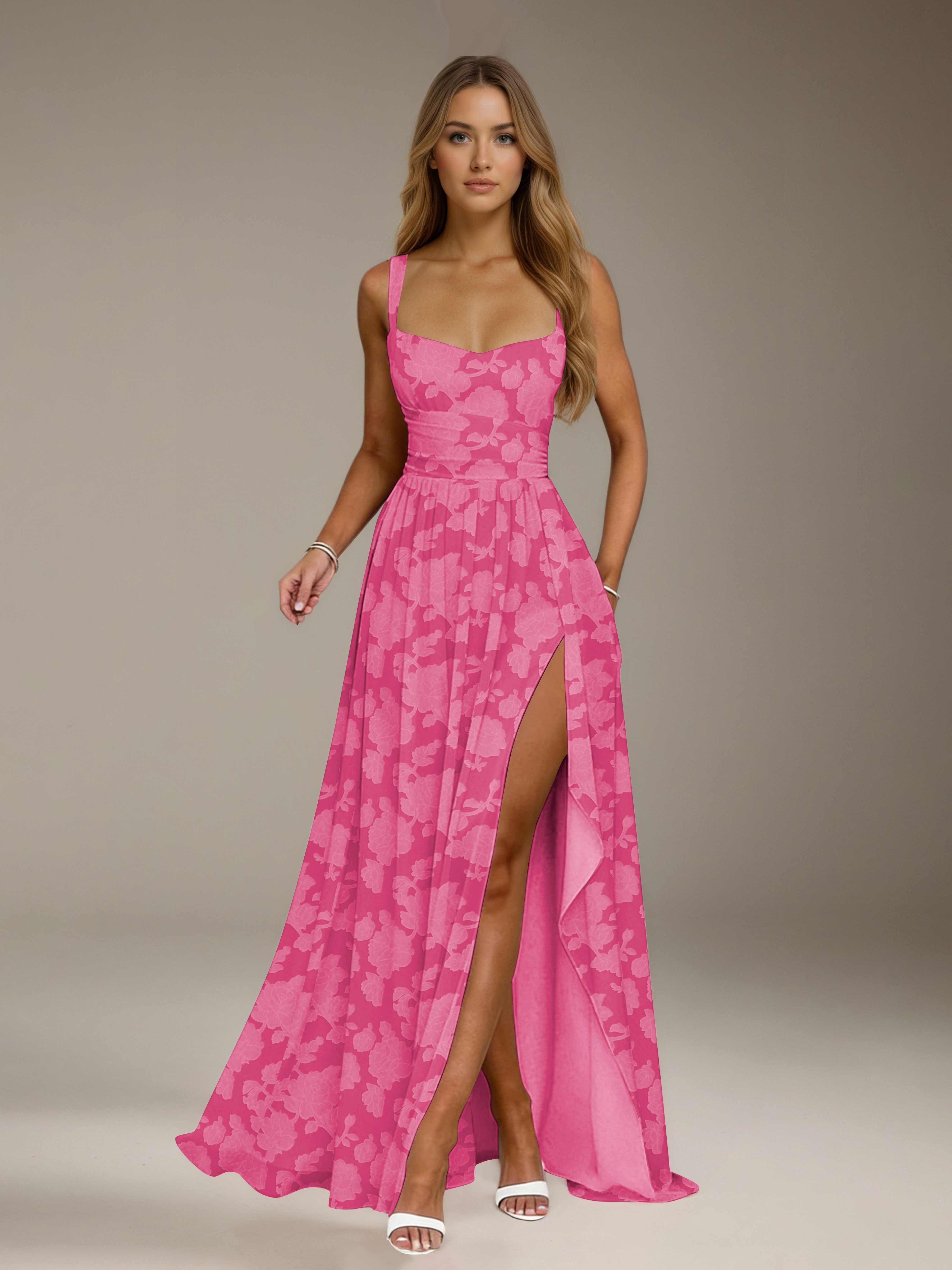 Floral Lace Bridesmaid Dress – A-Line, Square Neck, Sleeveless, Floor-Length, Formal Dress with Slit