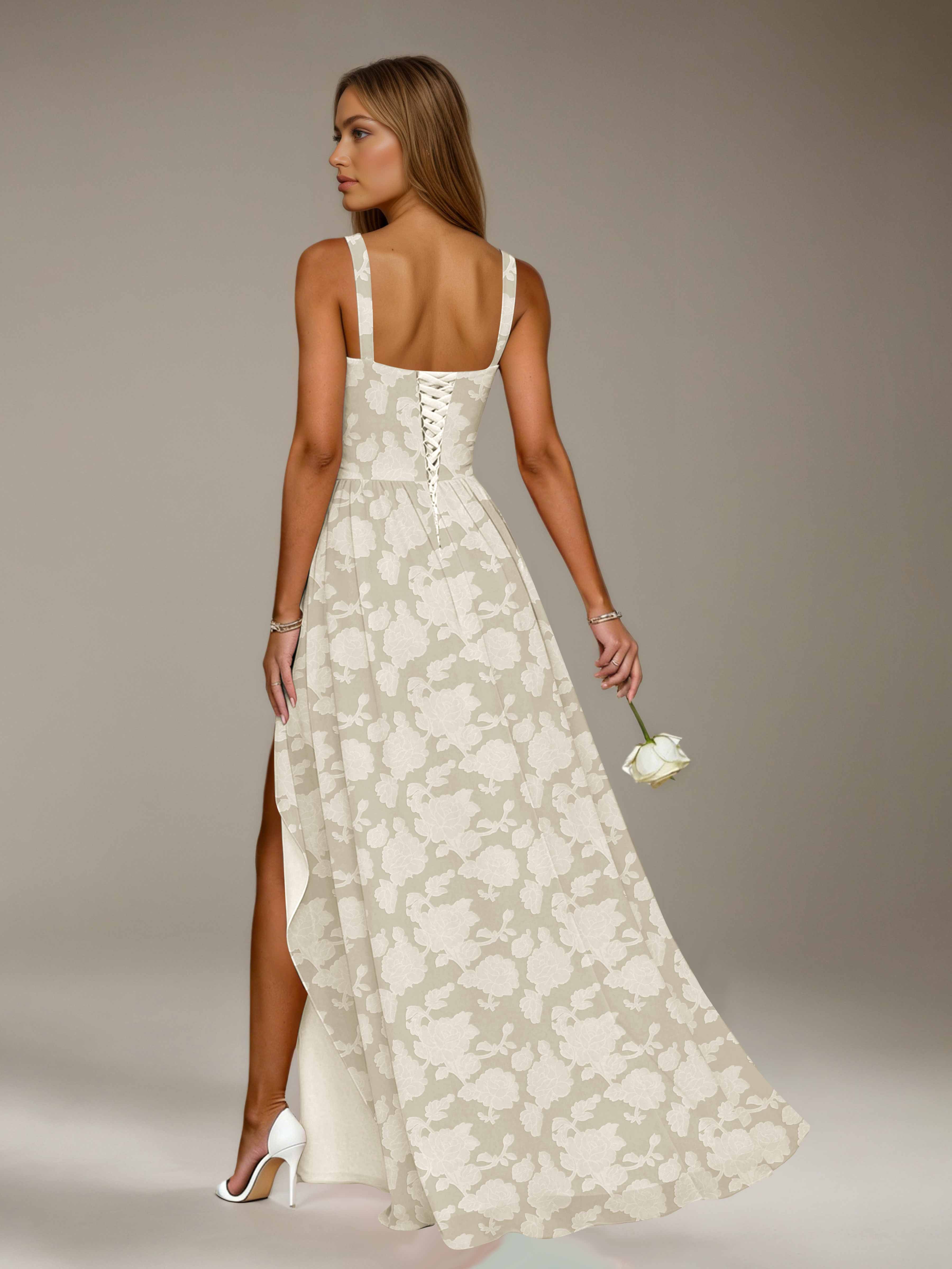 Floral Lace Bridesmaid Dress – A-Line, Square Neck, Sleeveless, Floor-Length, Formal Dress with Slit
