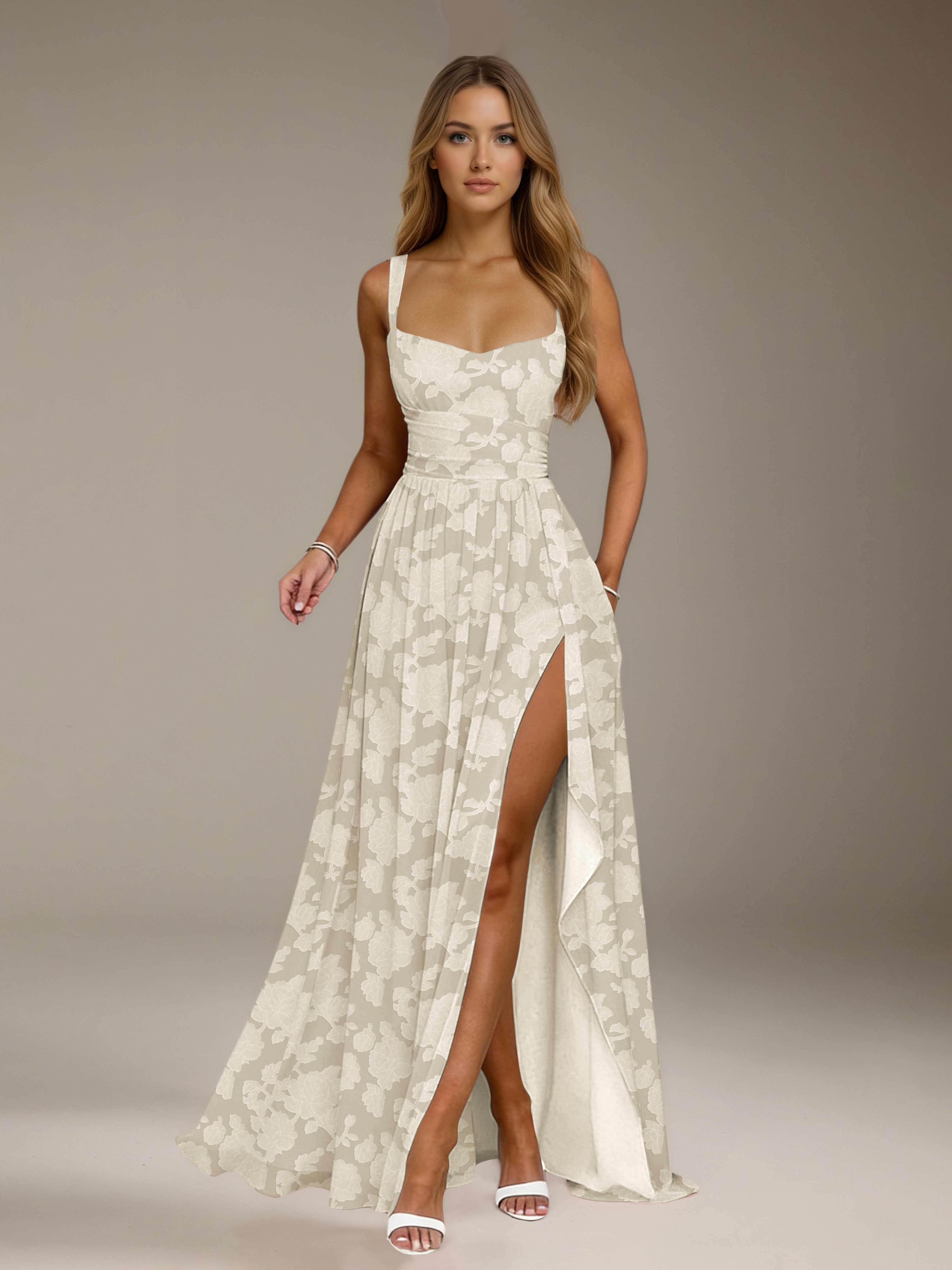 Floral Lace Bridesmaid Dress – A-Line, Square Neck, Sleeveless, Floor-Length, Formal Dress with Slit
