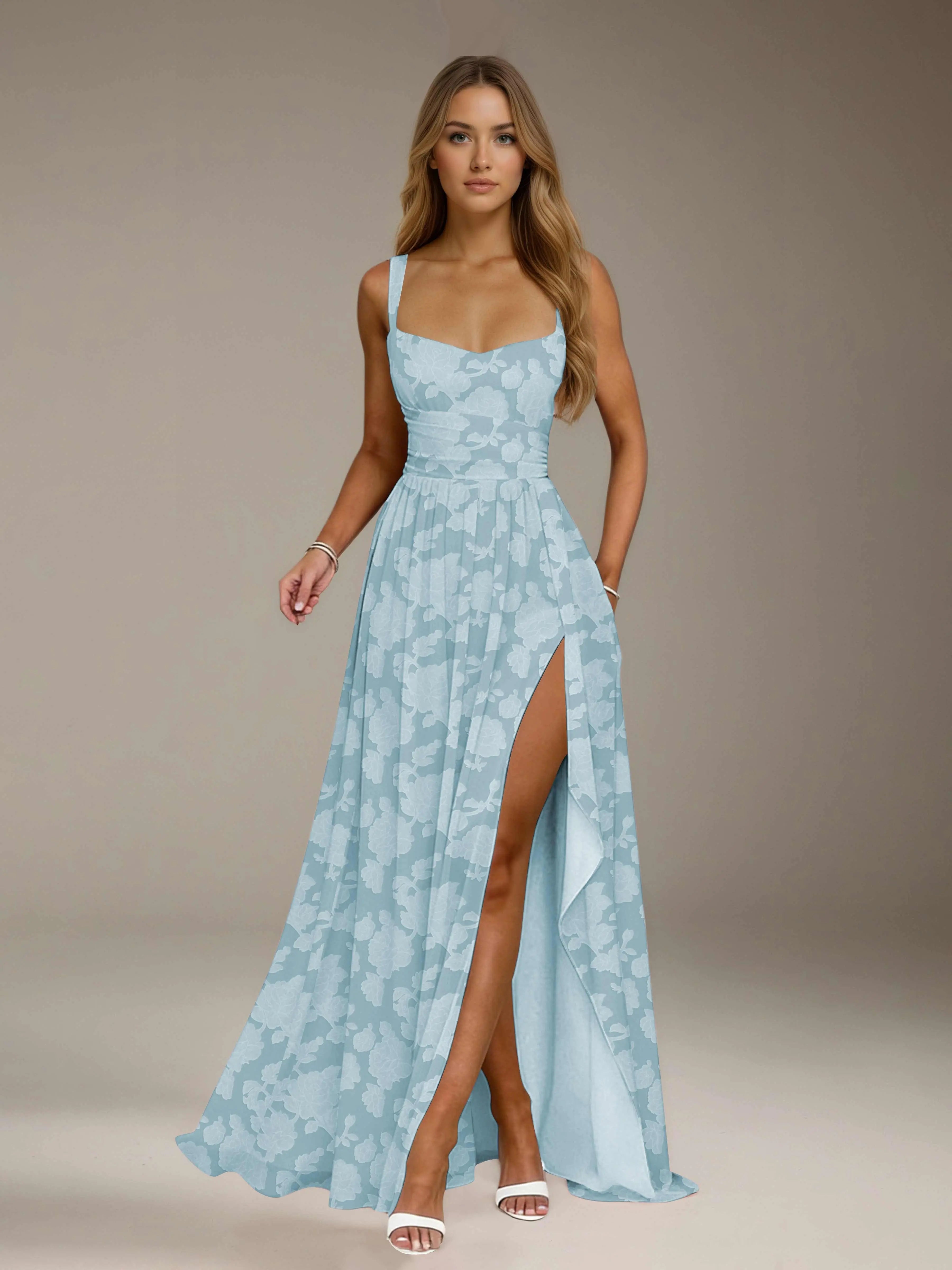 Vestido de dama de honor de encaje floral – Vestido de fiesta sin mangas de línea A con escote cuadrado y largo hasta el suelo con abertura