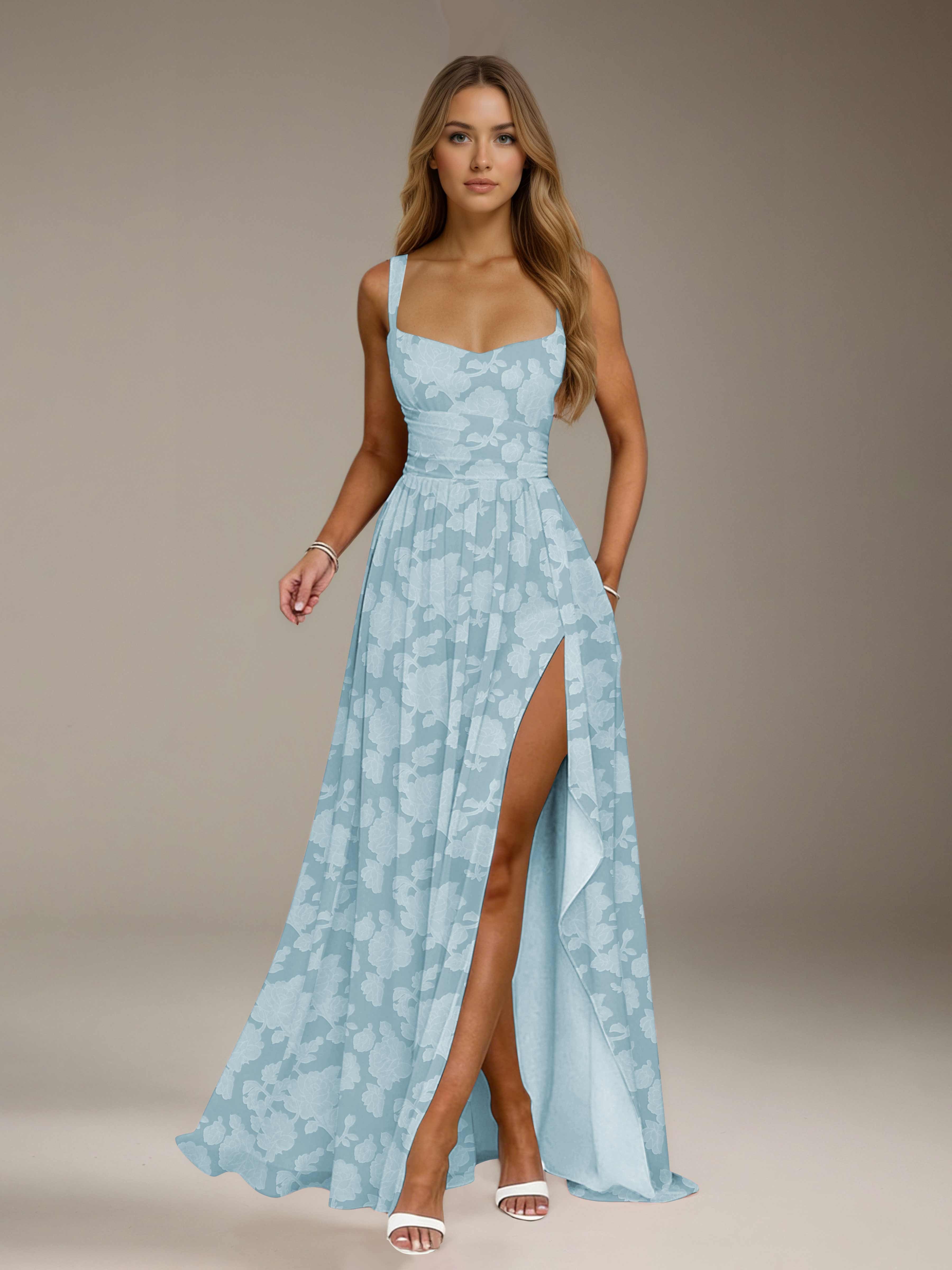 Floral Lace Bridesmaid Dress – A-Line, Square Neck, Sleeveless, Floor-Length, Formal Dress with Slit