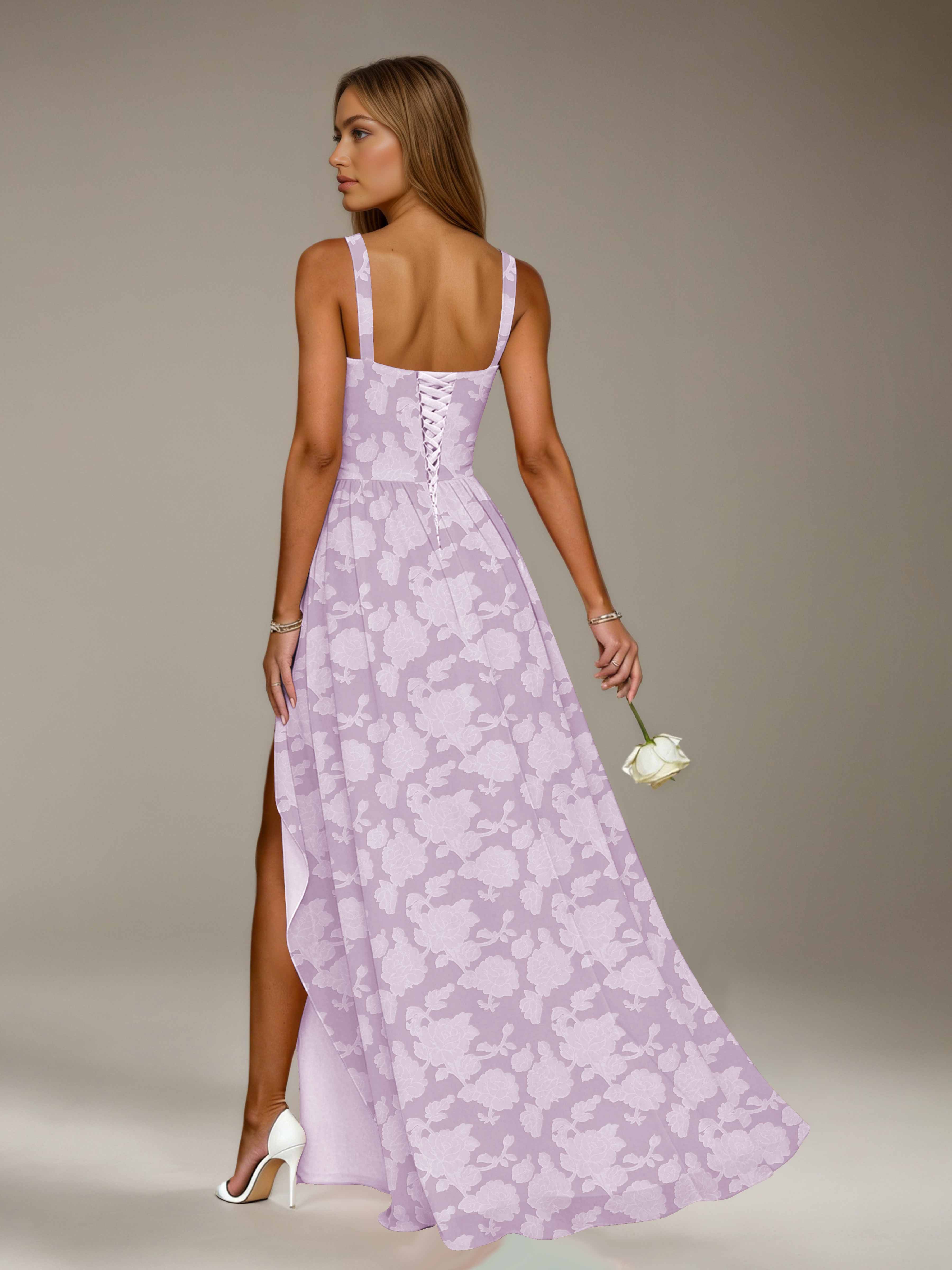 Floral Lace Bridesmaid Dress – A-Line, Square Neck, Sleeveless, Floor-Length, Formal Dress with Slit