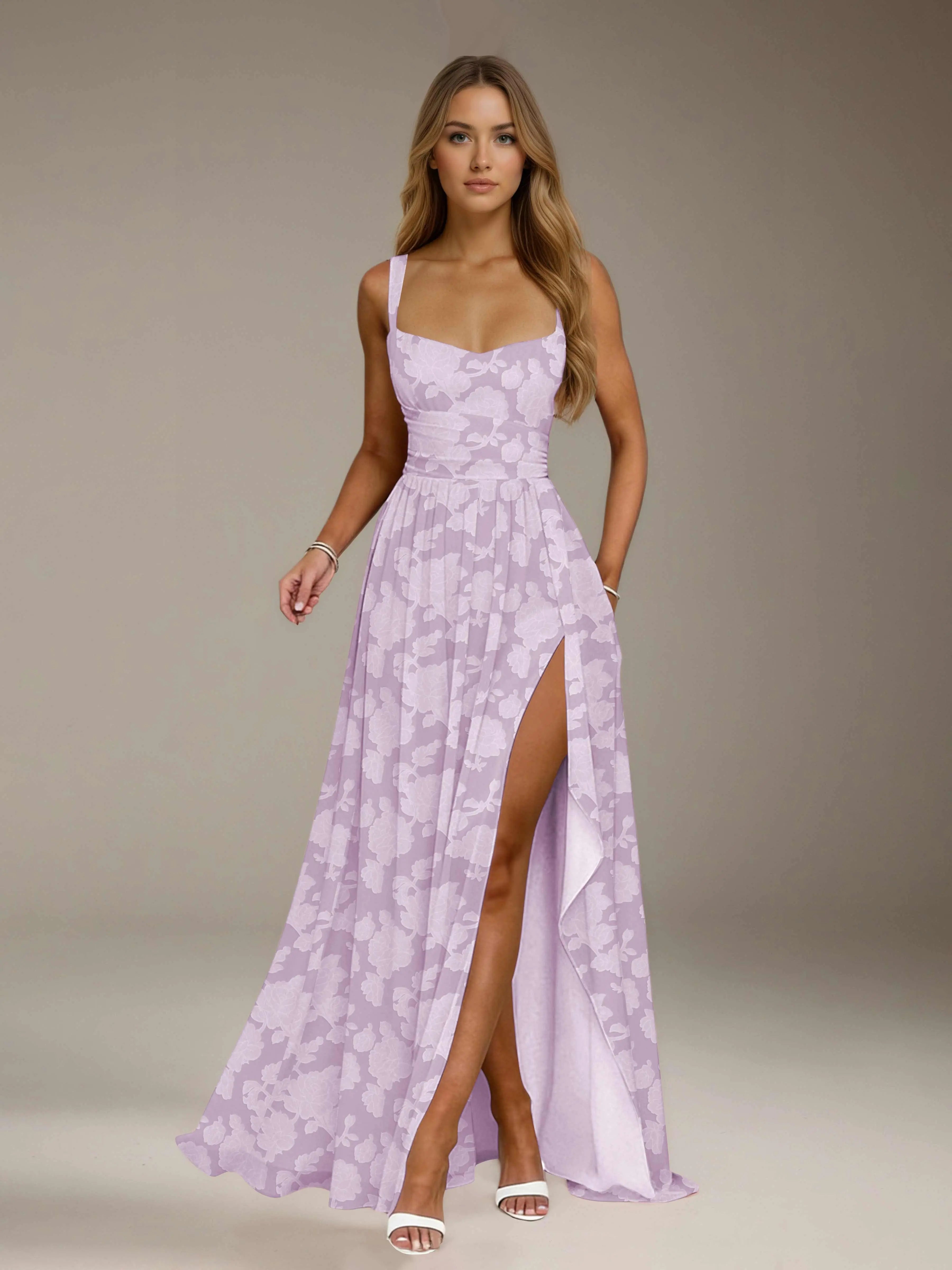 Vestido de dama de honor de encaje floral – Vestido de fiesta sin mangas de línea A con escote cuadrado y largo hasta el suelo con abertura