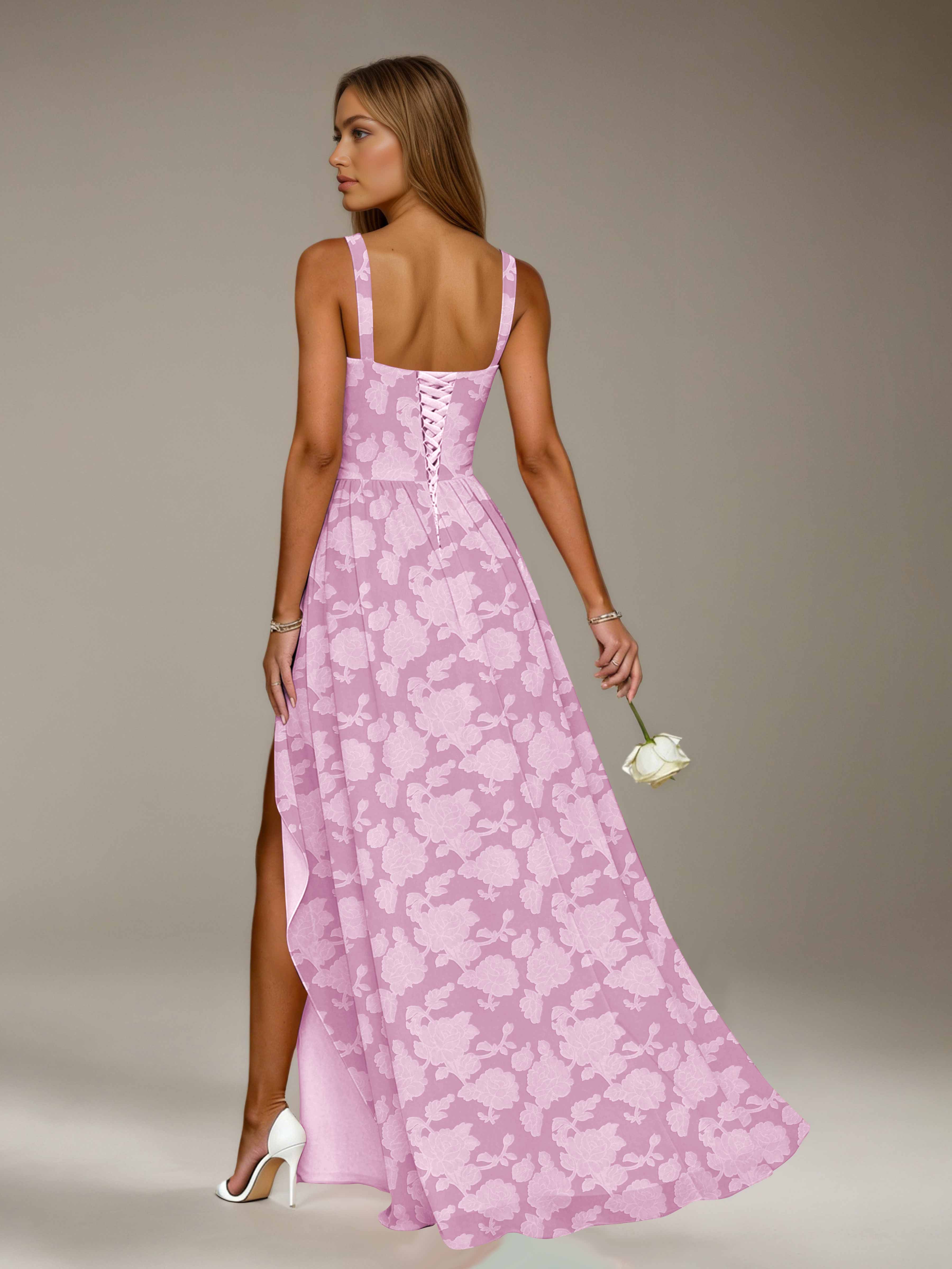 Floral Lace Bridesmaid Dress – A-Line, Square Neck, Sleeveless, Floor-Length, Formal Dress with Slit