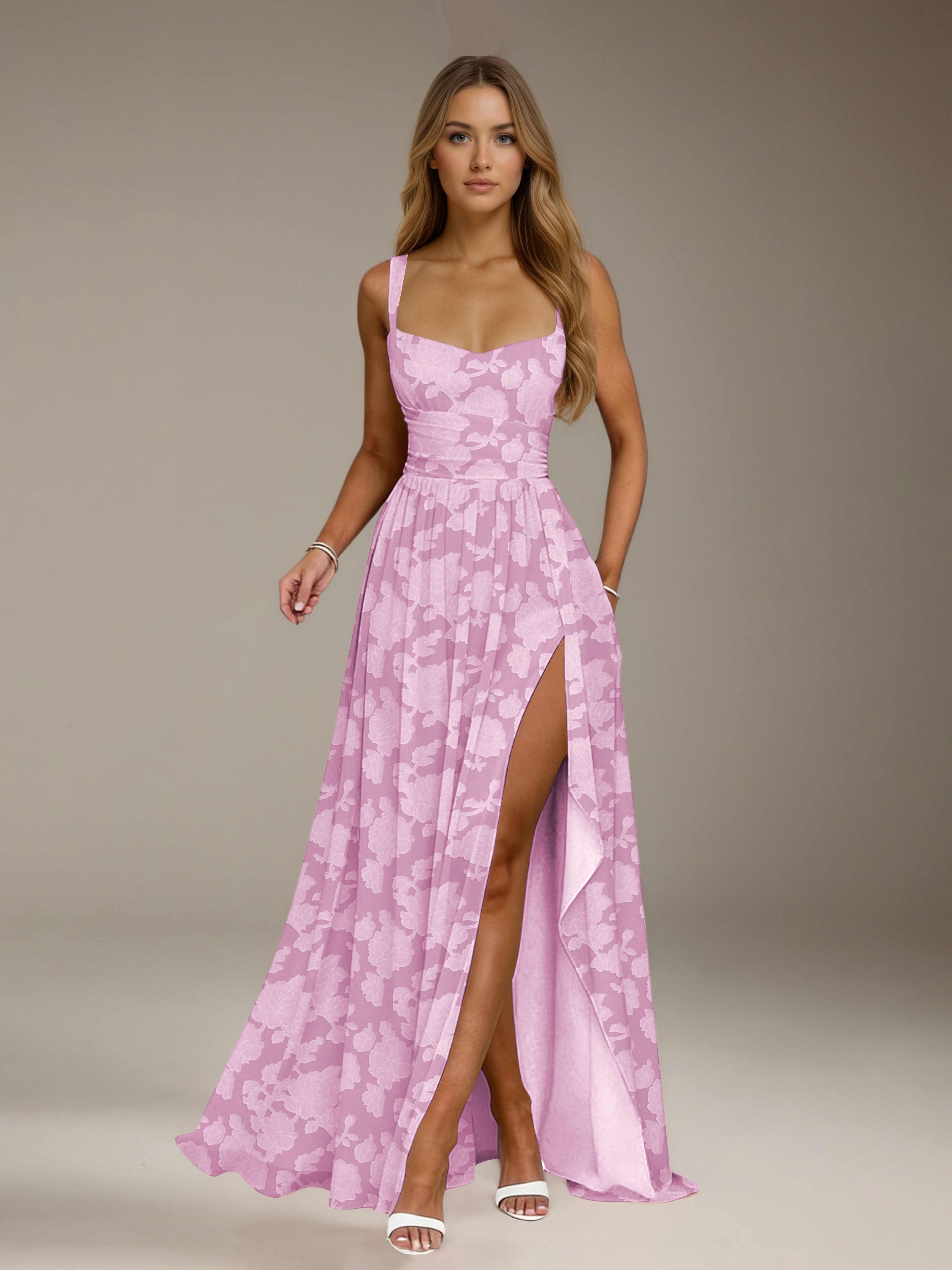 Floral Lace Bridesmaid Dress – A-Line, Square Neck, Sleeveless, Floor-Length, Formal Dress with Slit
