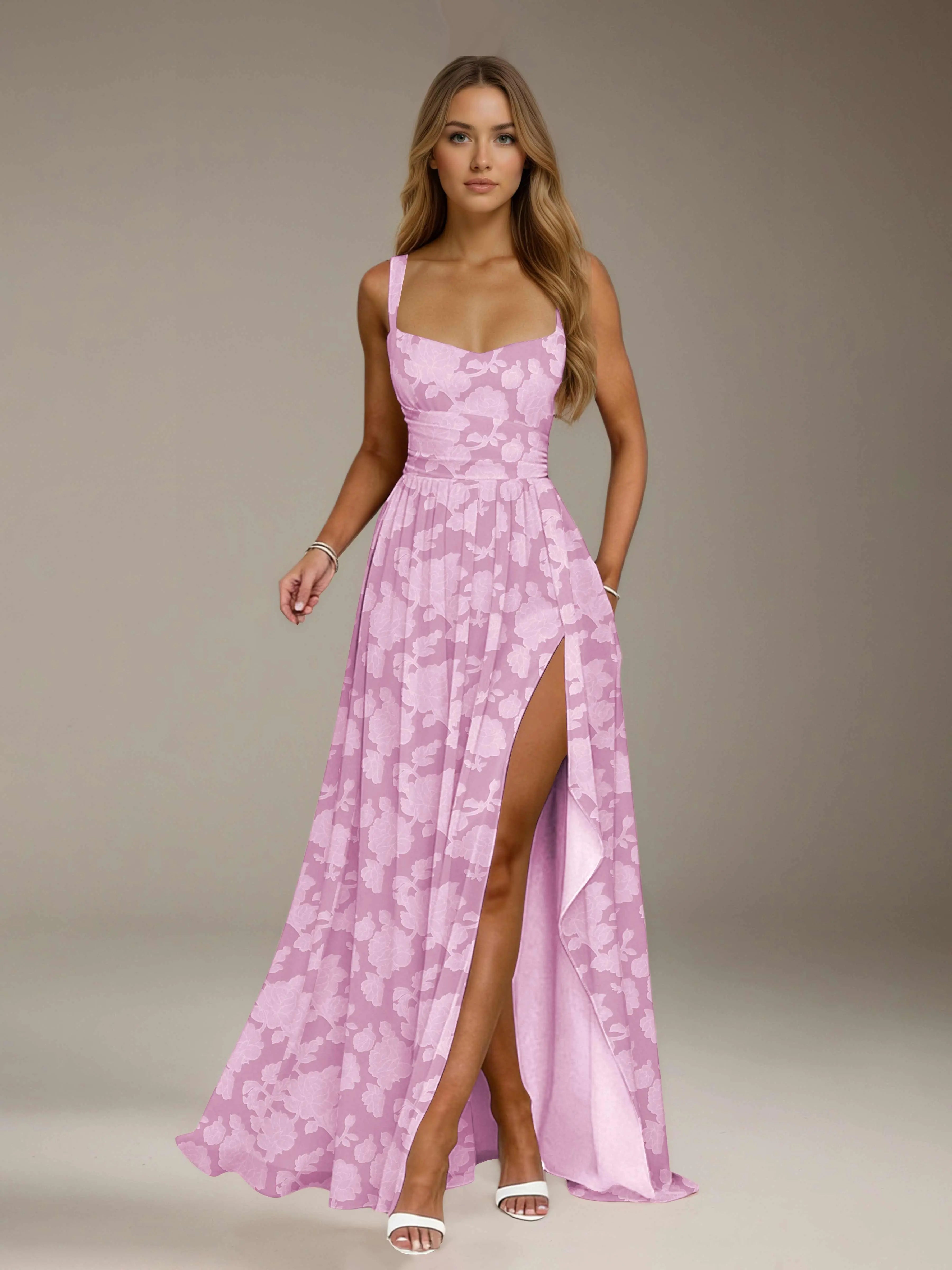 Vestido de dama de honor de encaje floral – Vestido de fiesta sin mangas de línea A con escote cuadrado y largo hasta el suelo con abertura