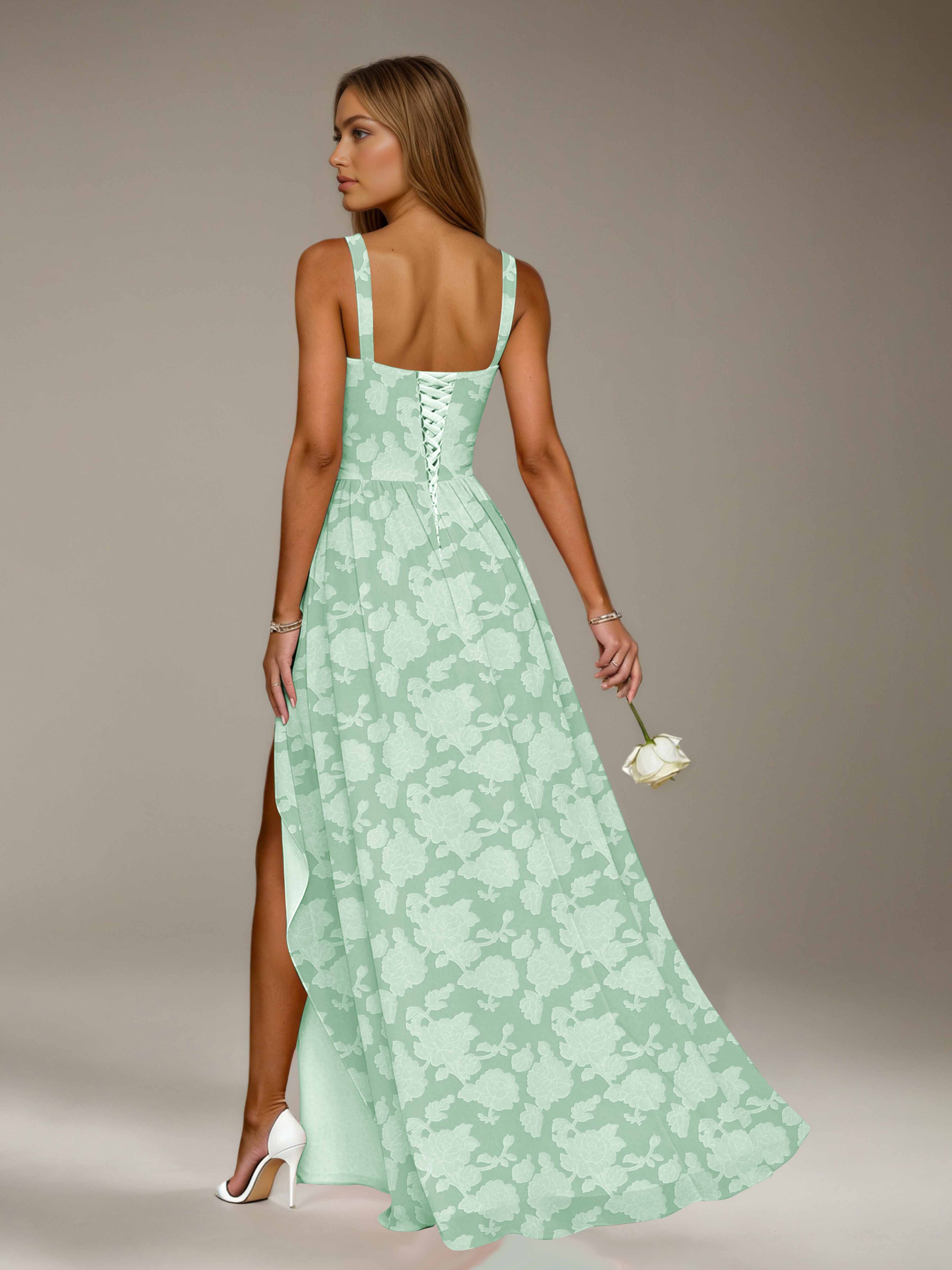 Floral Lace Bridesmaid Dress – A-Line, Square Neck, Sleeveless, Floor-Length, Formal Dress with Slit