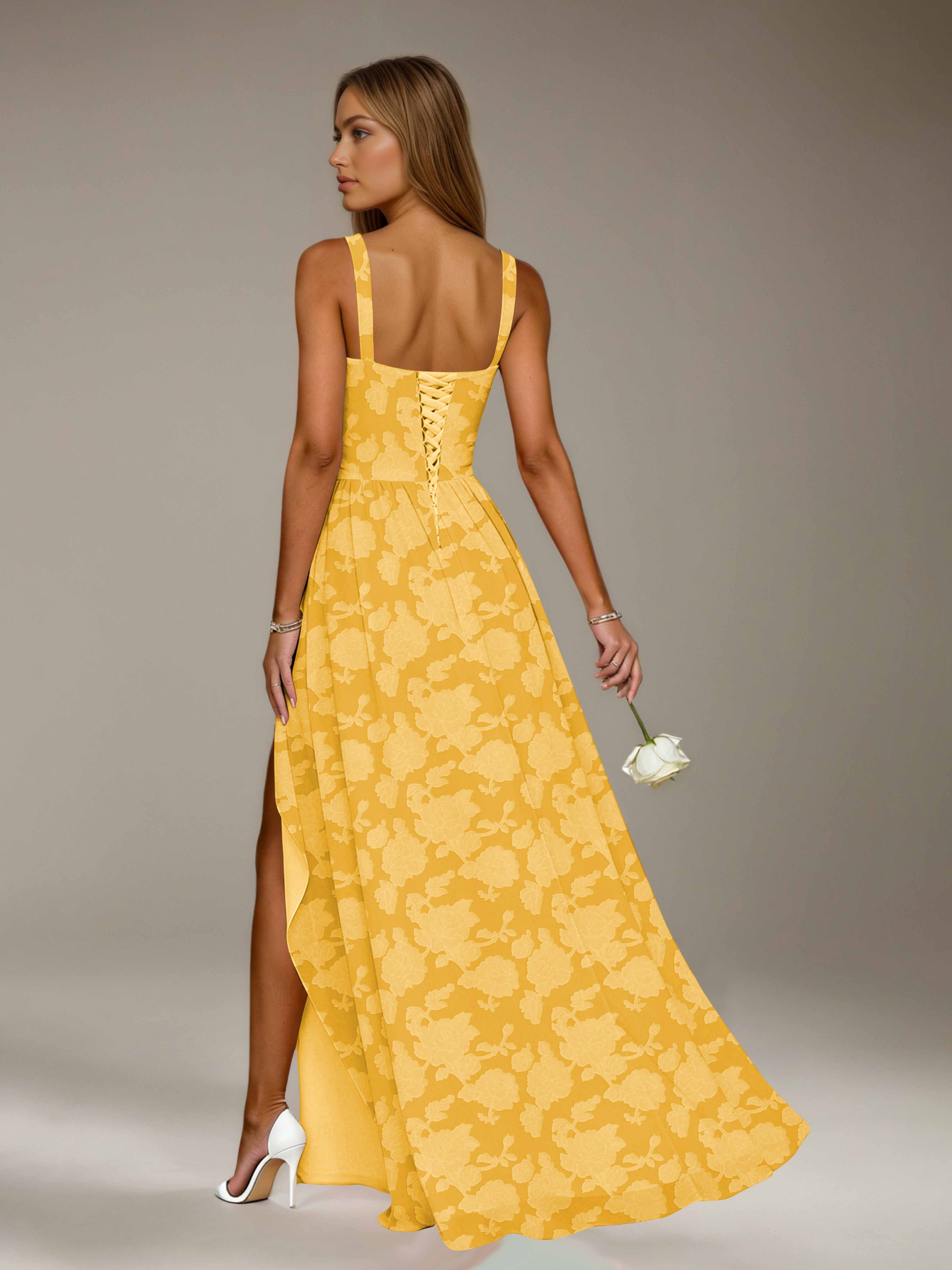 Floral Lace Bridesmaid Dress – A-Line, Square Neck, Sleeveless, Floor-Length, Formal Dress with Slit