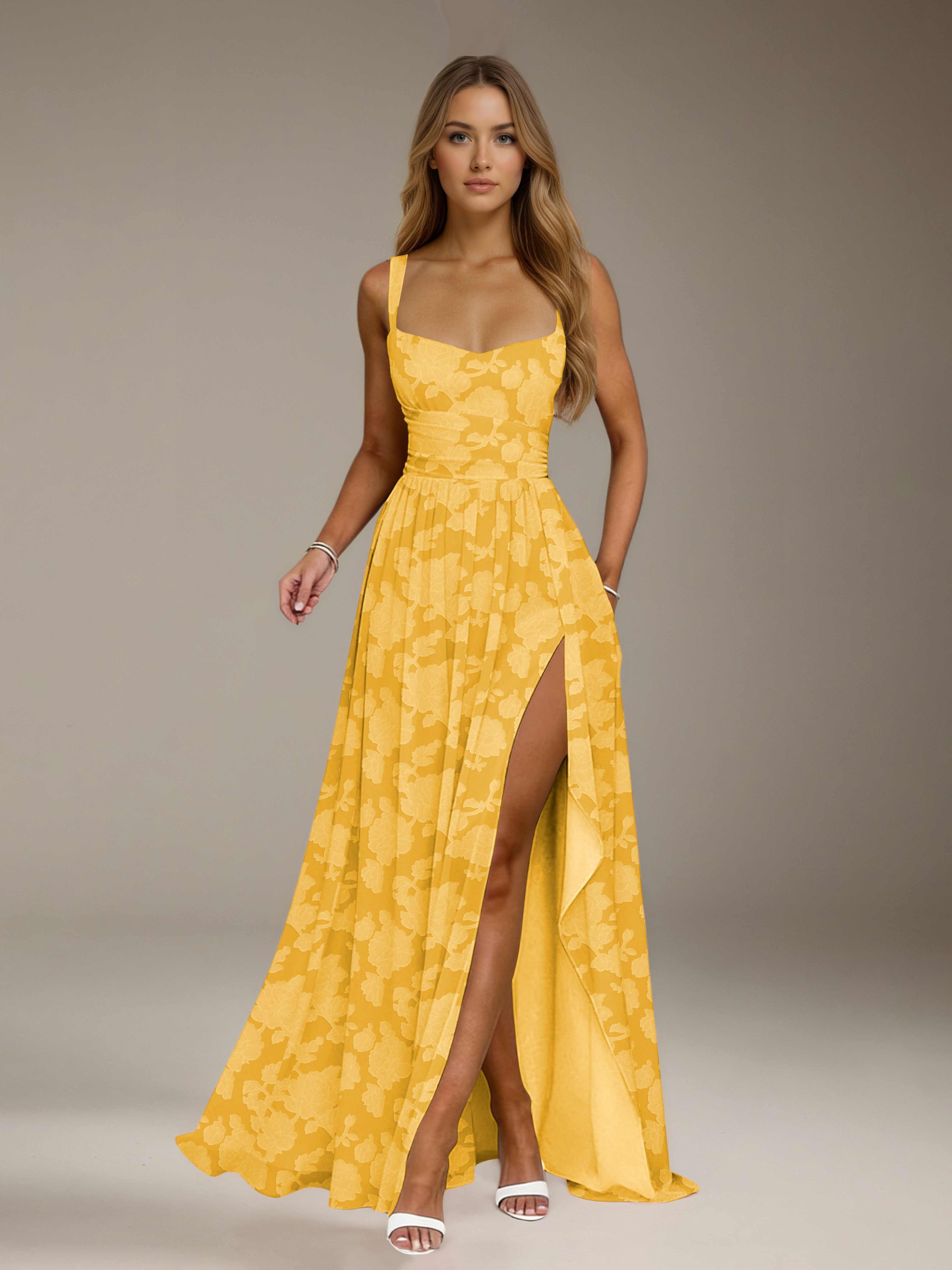 Floral Lace Bridesmaid Dress – A-Line, Square Neck, Sleeveless, Floor-Length, Formal Dress with Slit