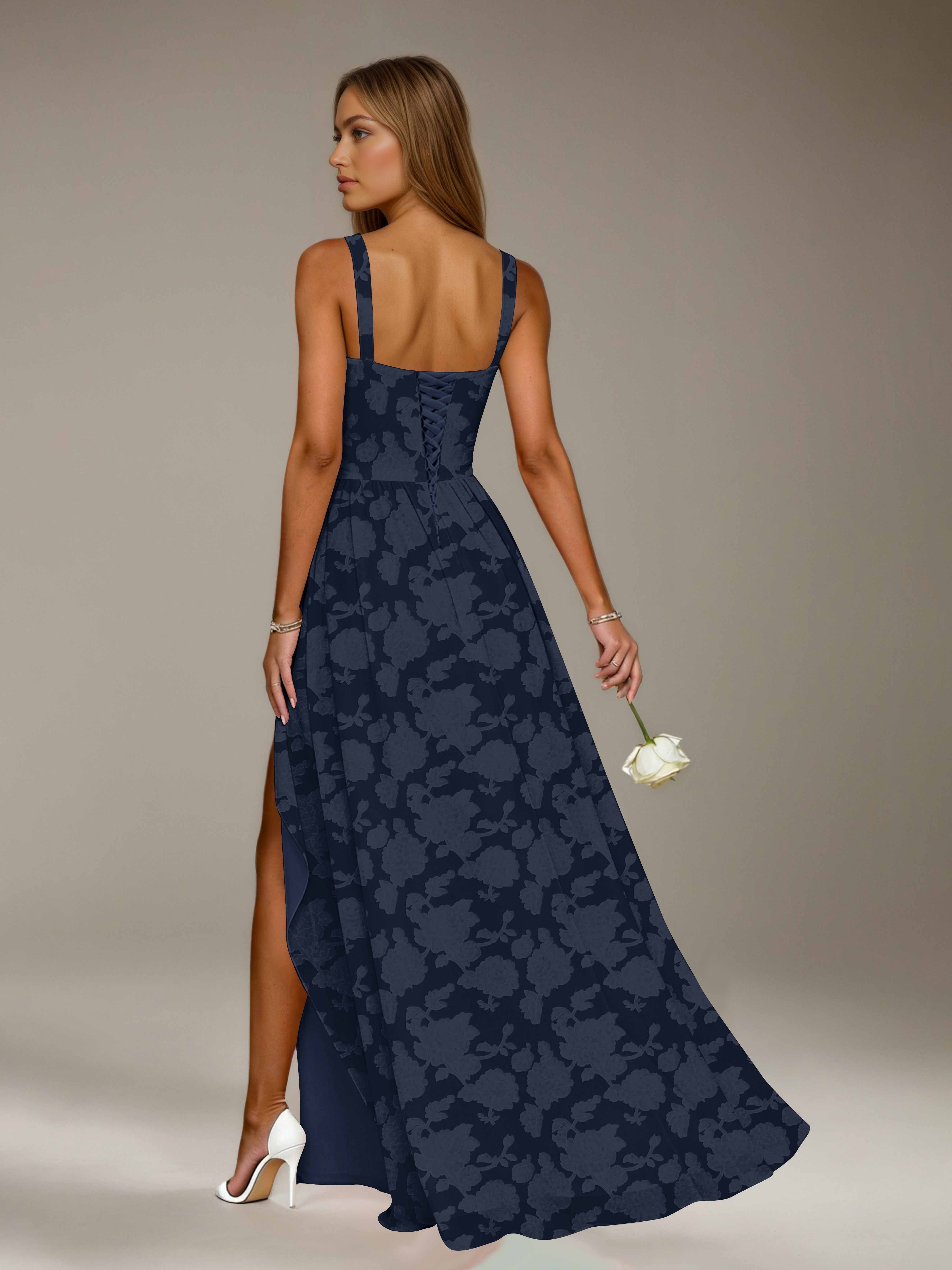 Floral Lace Bridesmaid Dress – A-Line, Square Neck, Sleeveless, Floor-Length, Formal Dress with Slit