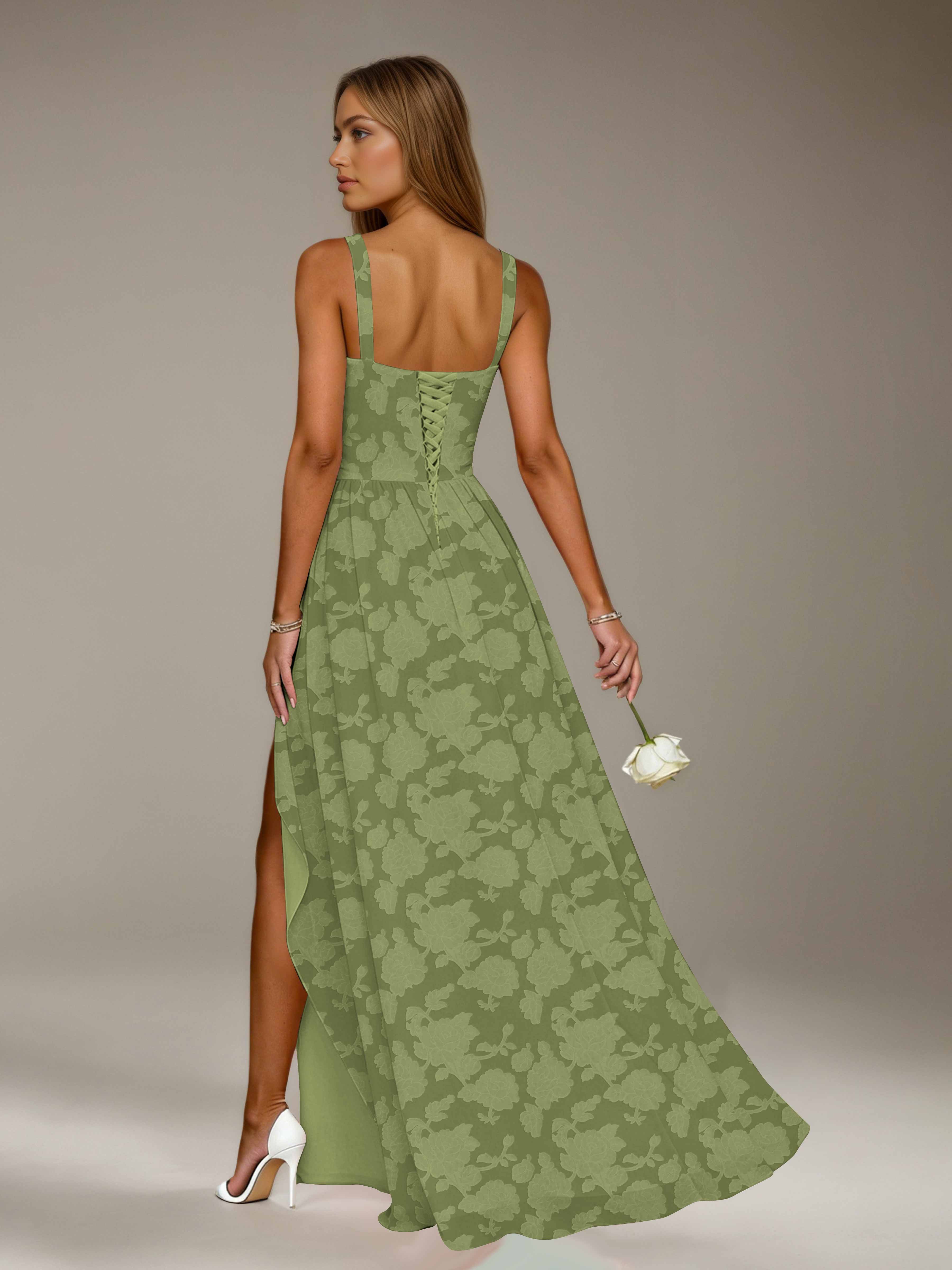 Floral Lace Bridesmaid Dress – A-Line, Square Neck, Sleeveless, Floor-Length, Formal Dress with Slit
