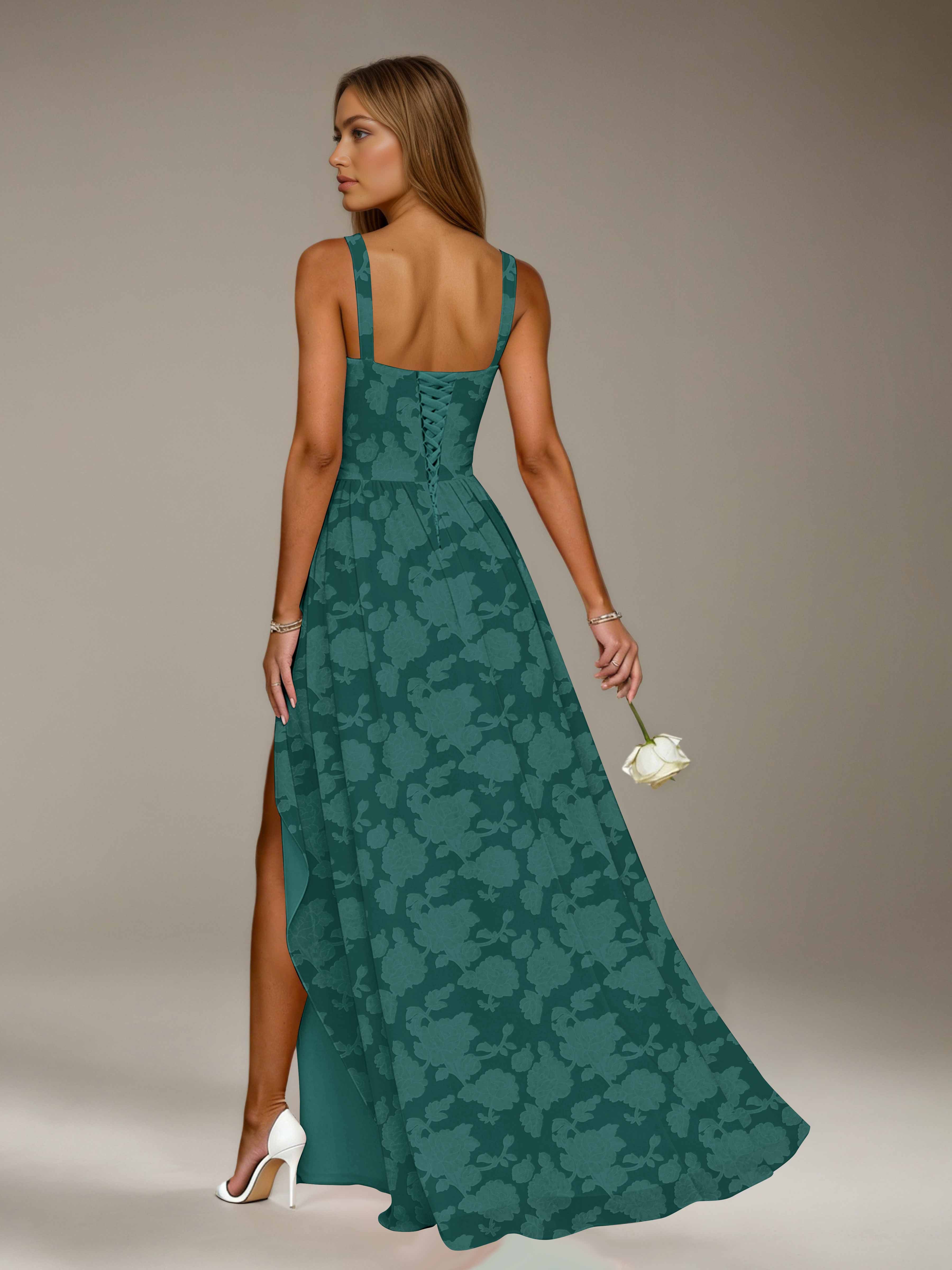 Floral Lace Bridesmaid Dress – A-Line, Square Neck, Sleeveless, Floor-Length, Formal Dress with Slit