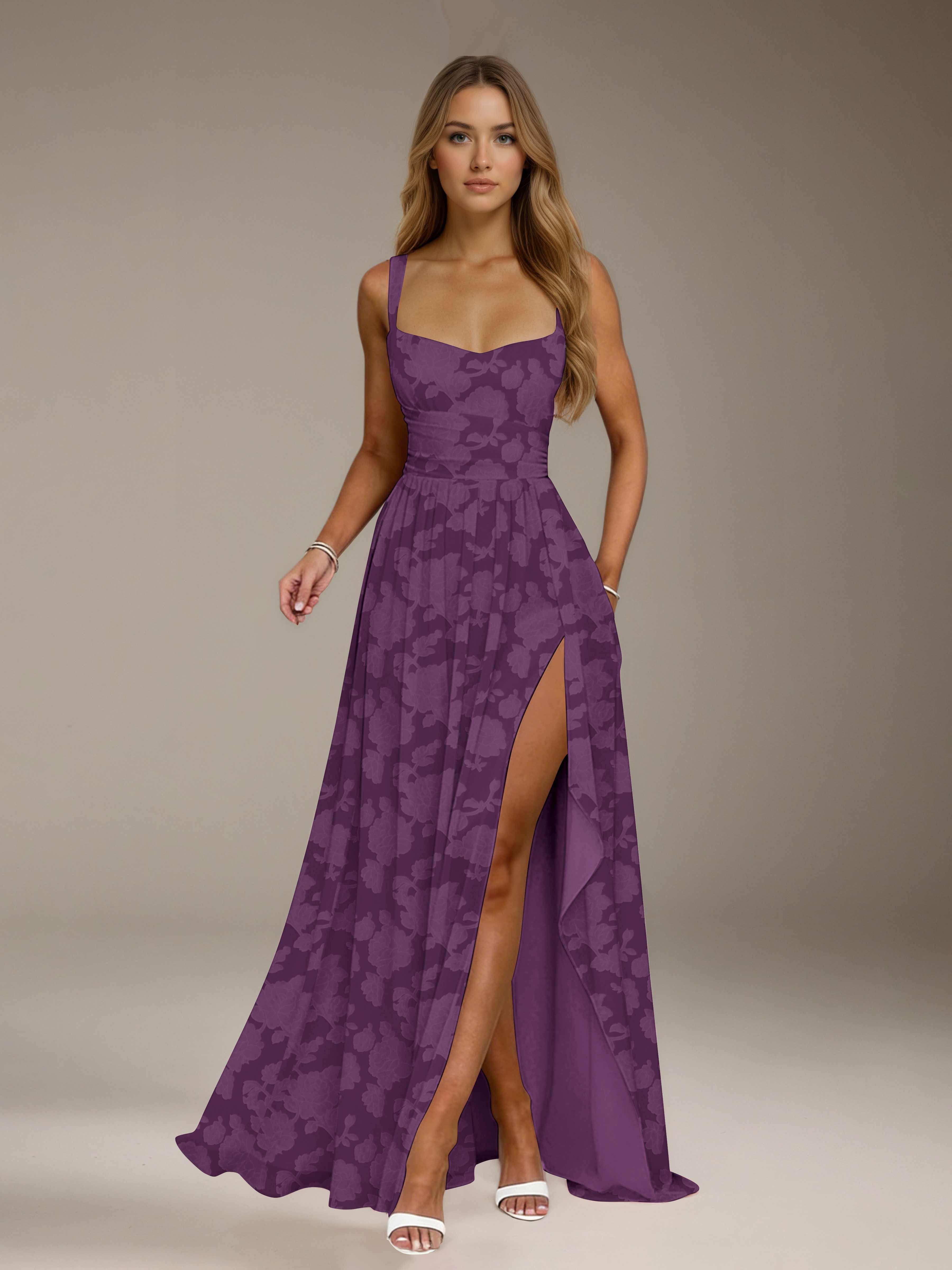 Floral Lace Bridesmaid Dress – A-Line, Square Neck, Sleeveless, Floor-Length, Formal Dress with Slit