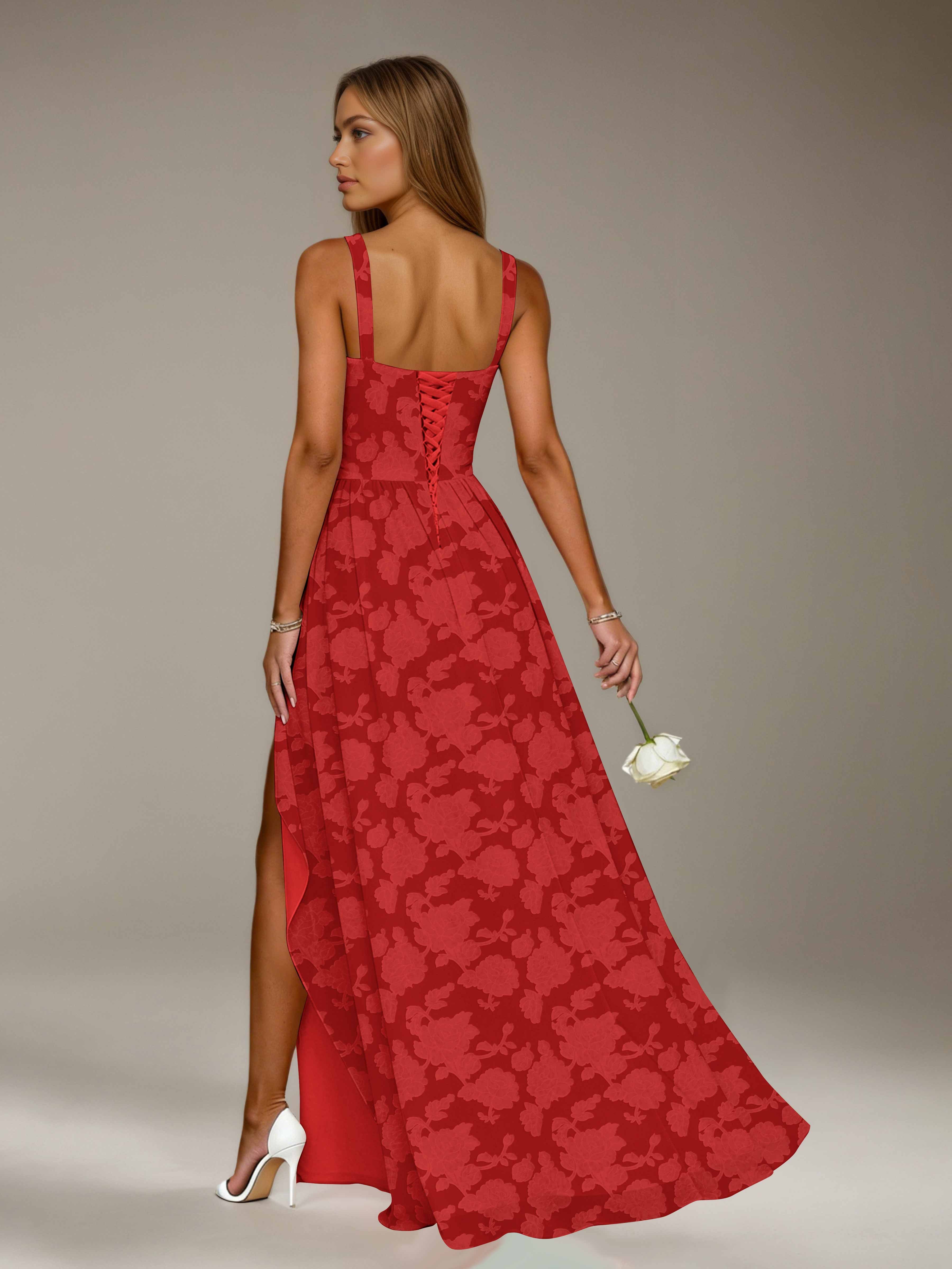 Floral Lace Bridesmaid Dress – A-Line, Square Neck, Sleeveless, Floor-Length, Formal Dress with Slit
