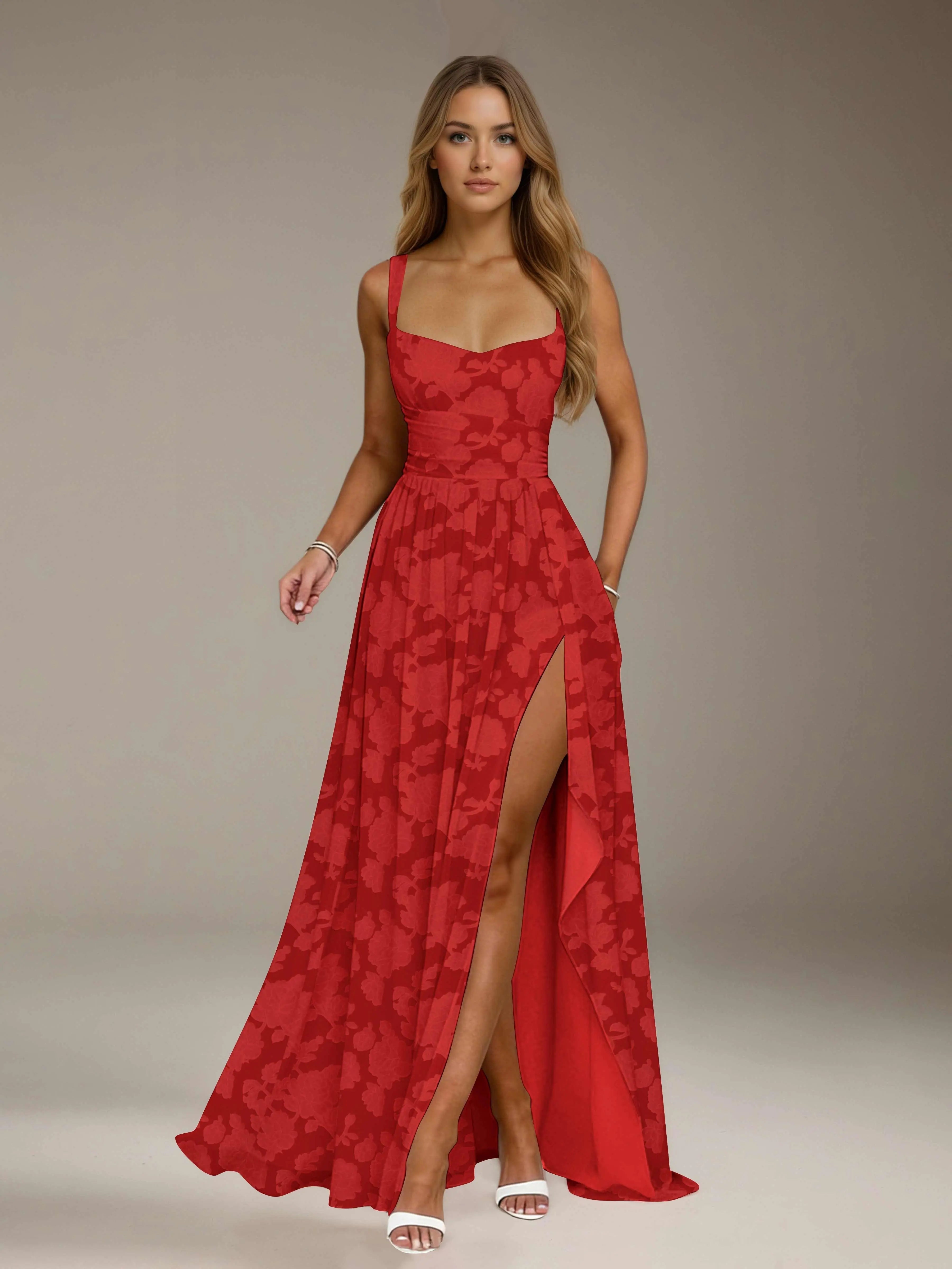 Vestido de dama de honor de encaje floral – Vestido de fiesta sin mangas de línea A con escote cuadrado y largo hasta el suelo con abertura