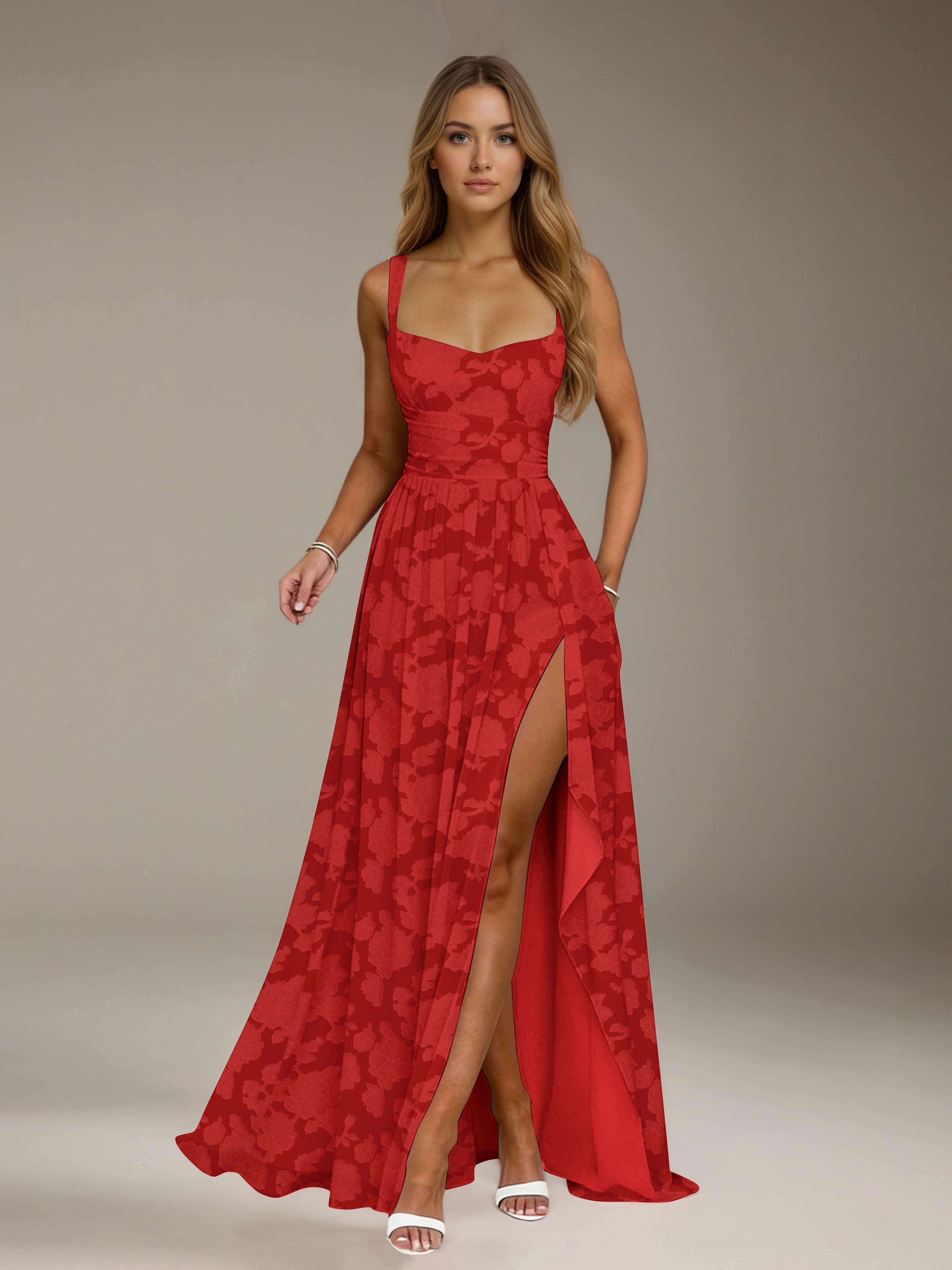 Floral Lace Bridesmaid Dress – A-Line, Square Neck, Sleeveless, Floor-Length, Formal Dress with Slit