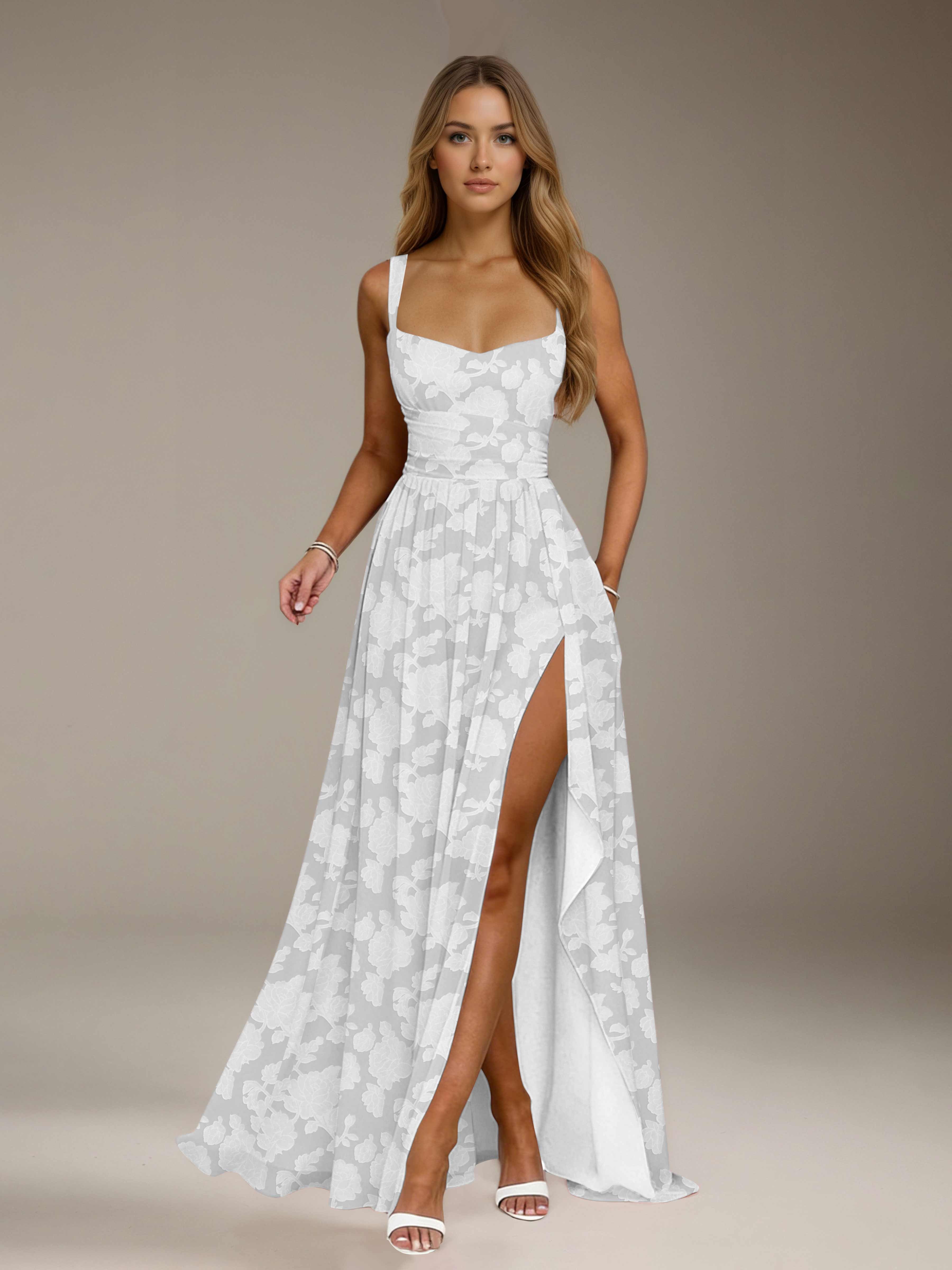 Floral Lace Bridesmaid Dress – A-Line, Square Neck, Sleeveless, Floor-Length, Formal Dress with Slit