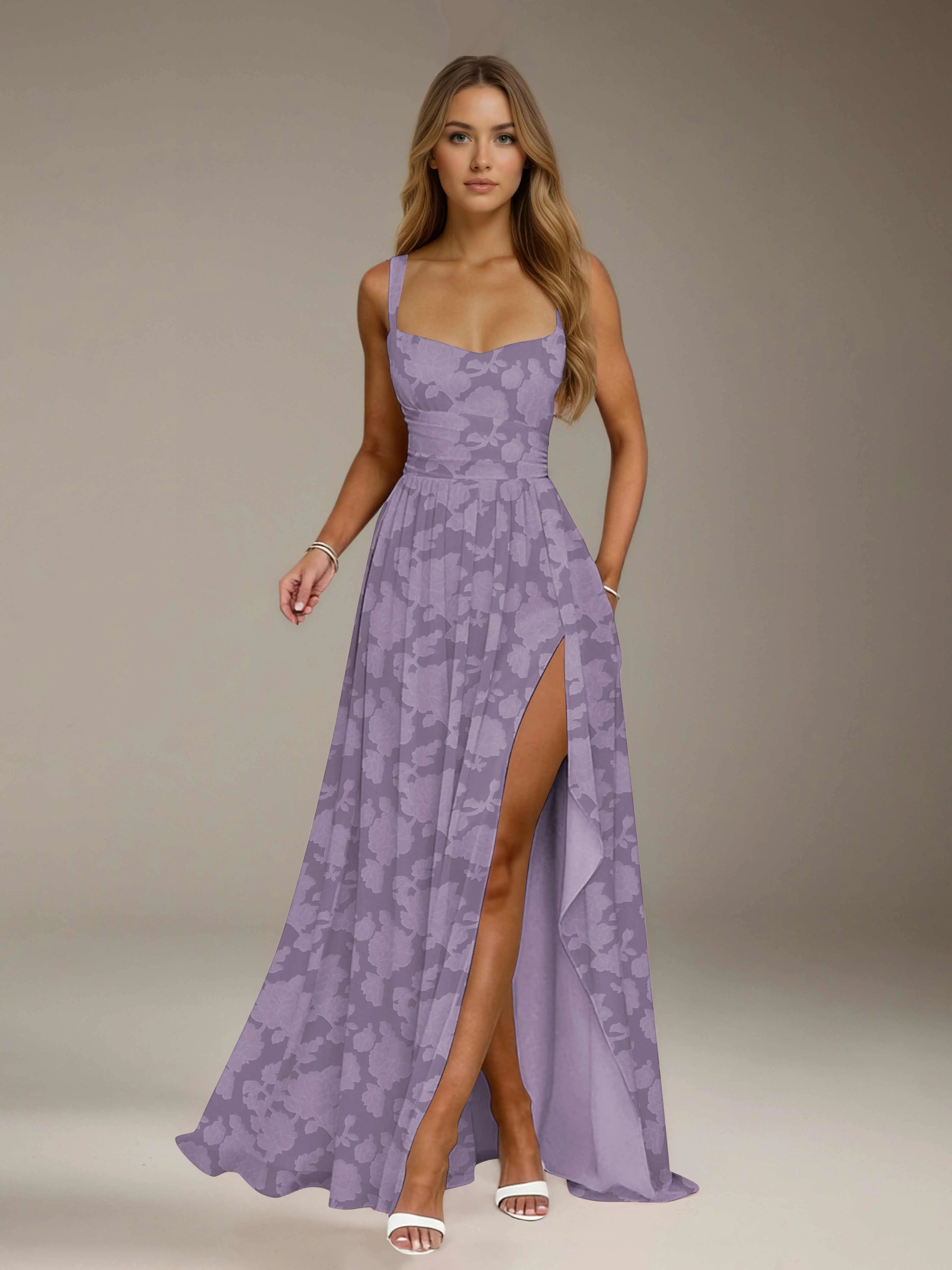 Vestido de dama de honor de encaje floral – Vestido de fiesta sin mangas de línea A con escote cuadrado y largo hasta el suelo con abertura