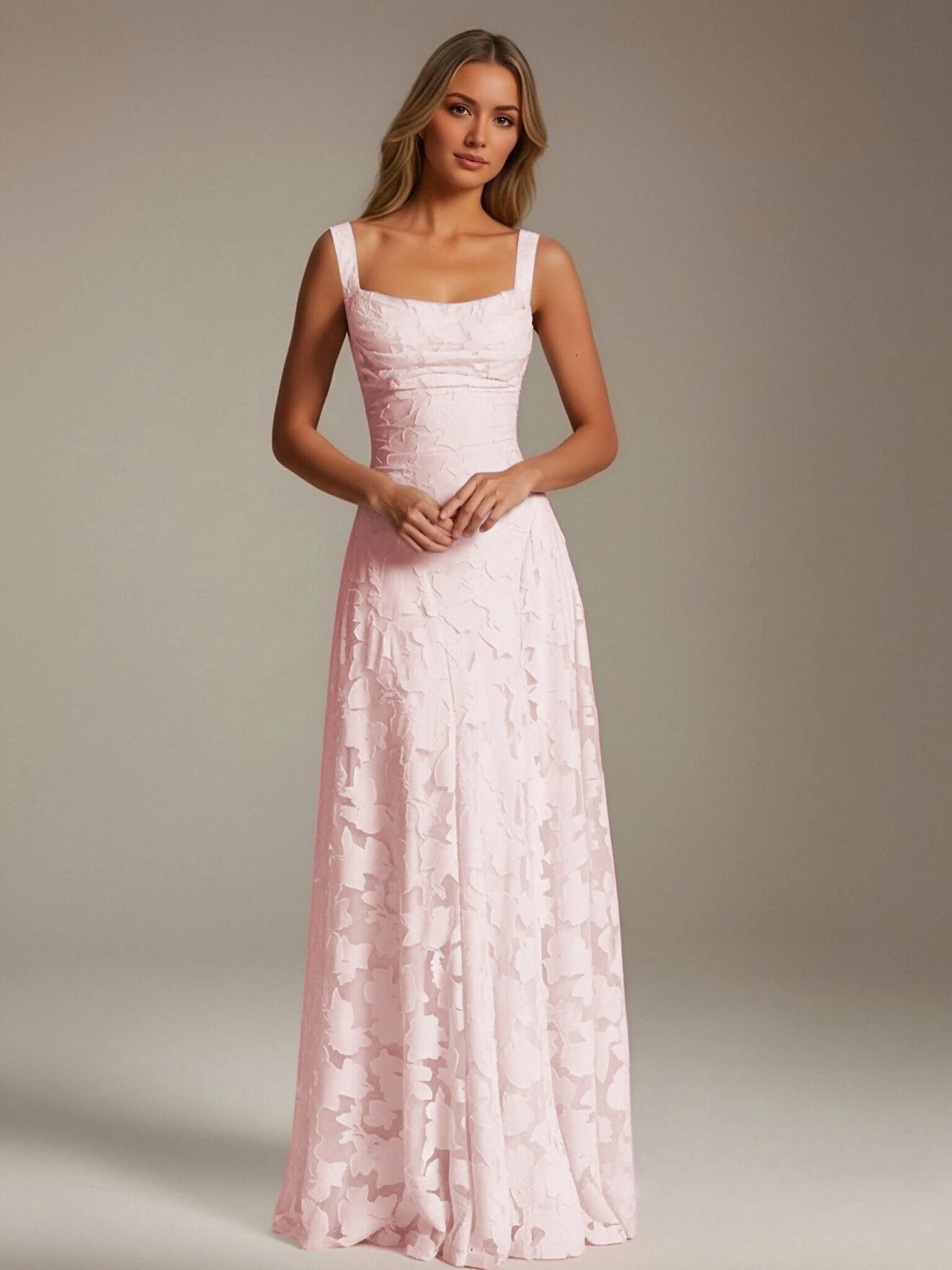 Floral Dress for Bridesmaid – A-Line Square Neck Sleeveless Floor-Length Party Dress