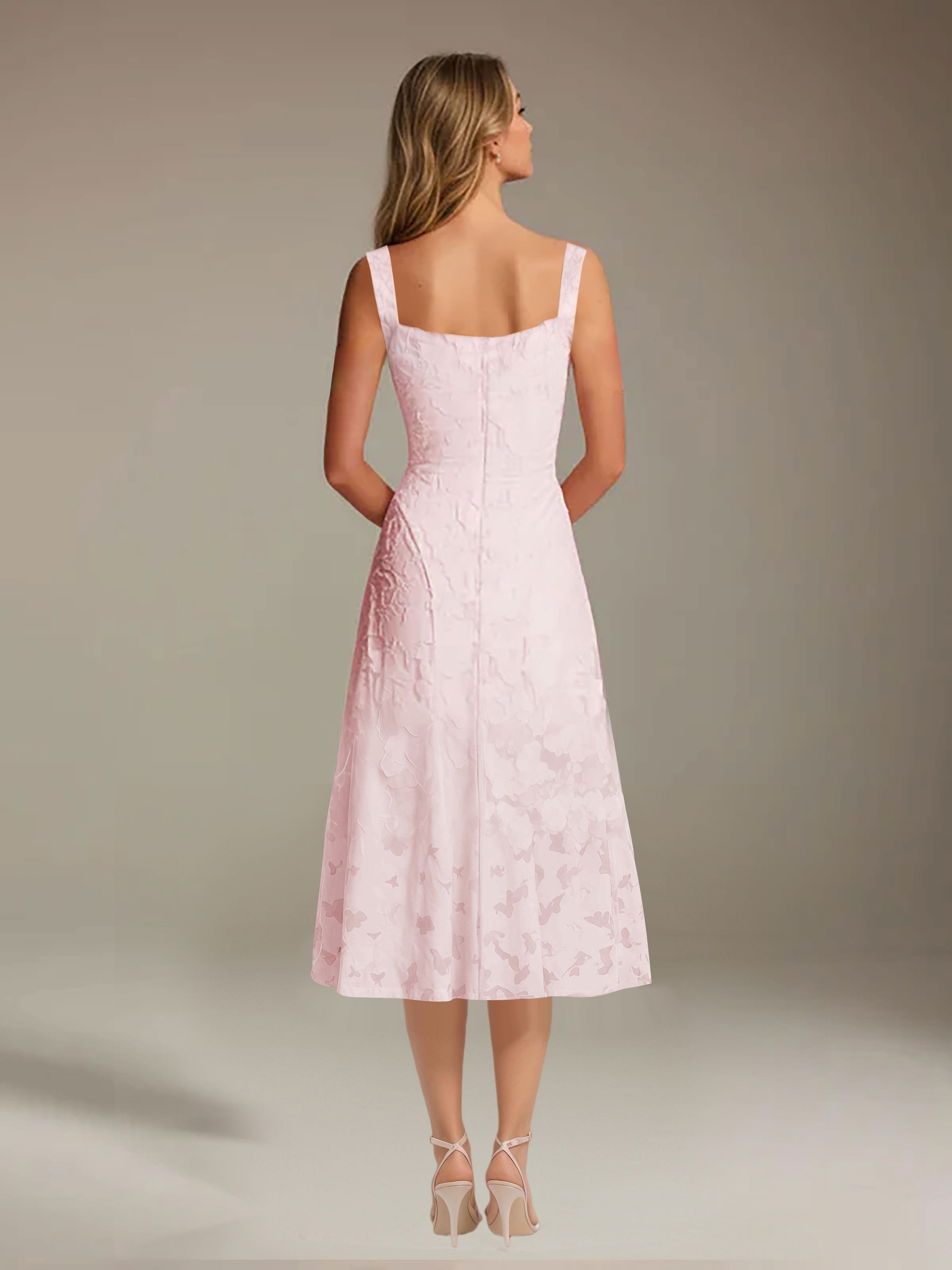 Vestido de encaje floreado de longitud media – línea A con escote cuadrado sin mangas, vestido formal para invitada de boda