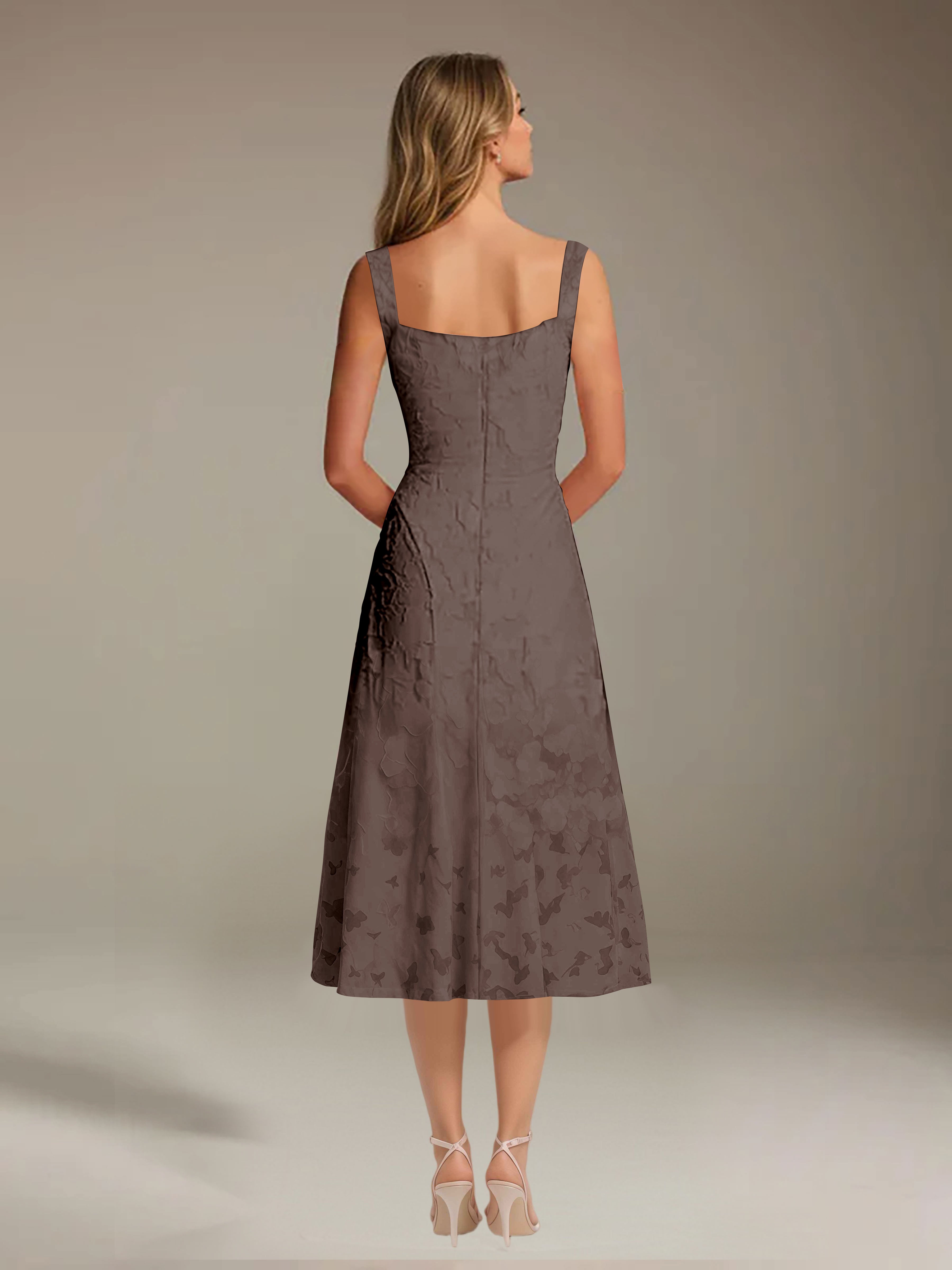Vestido de encaje floreado de longitud media – línea A con escote cuadrado sin mangas, vestido formal para invitada de boda