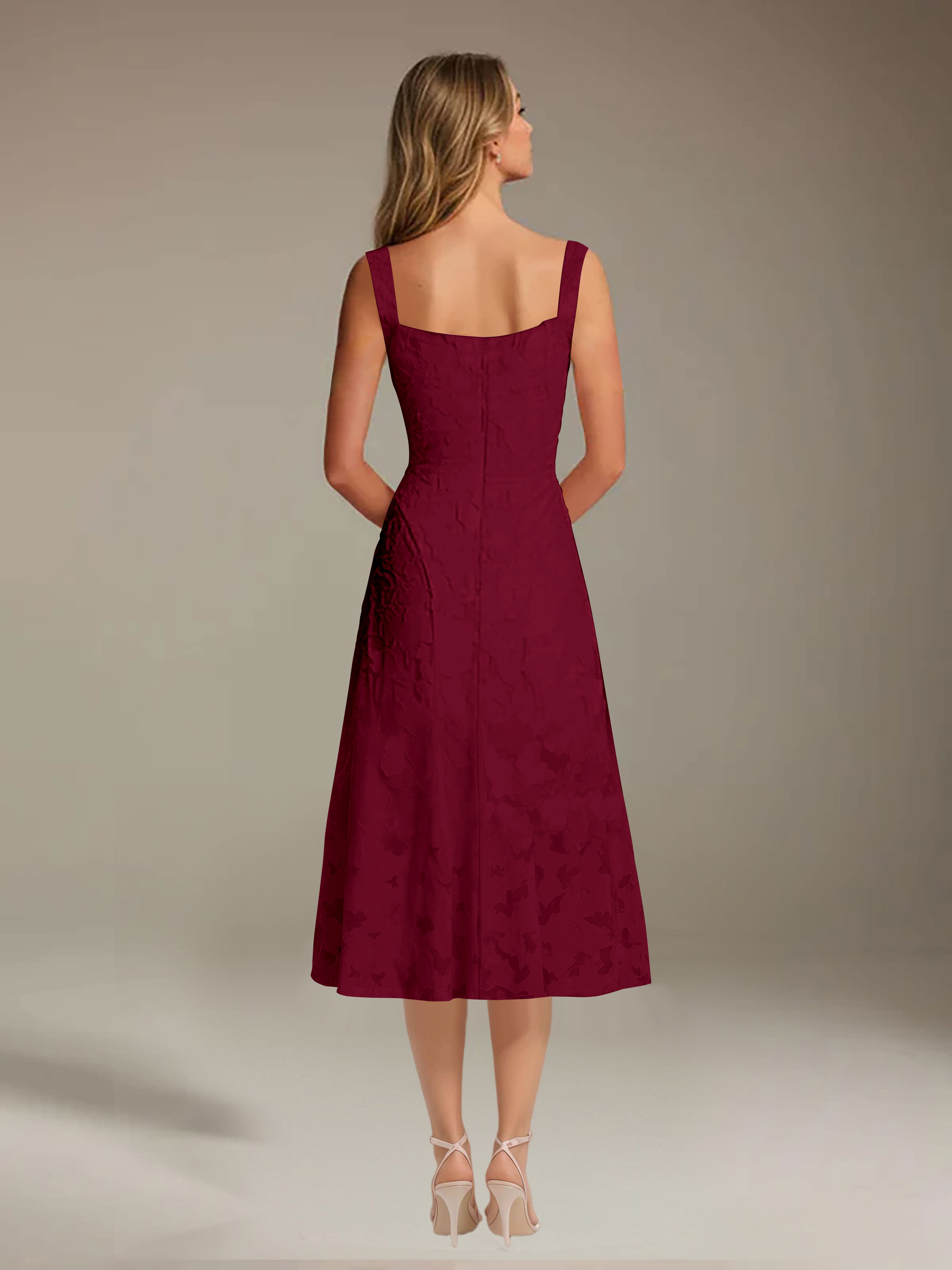 Vestido de encaje floreado de longitud media – línea A con escote cuadrado sin mangas, vestido formal para invitada de boda