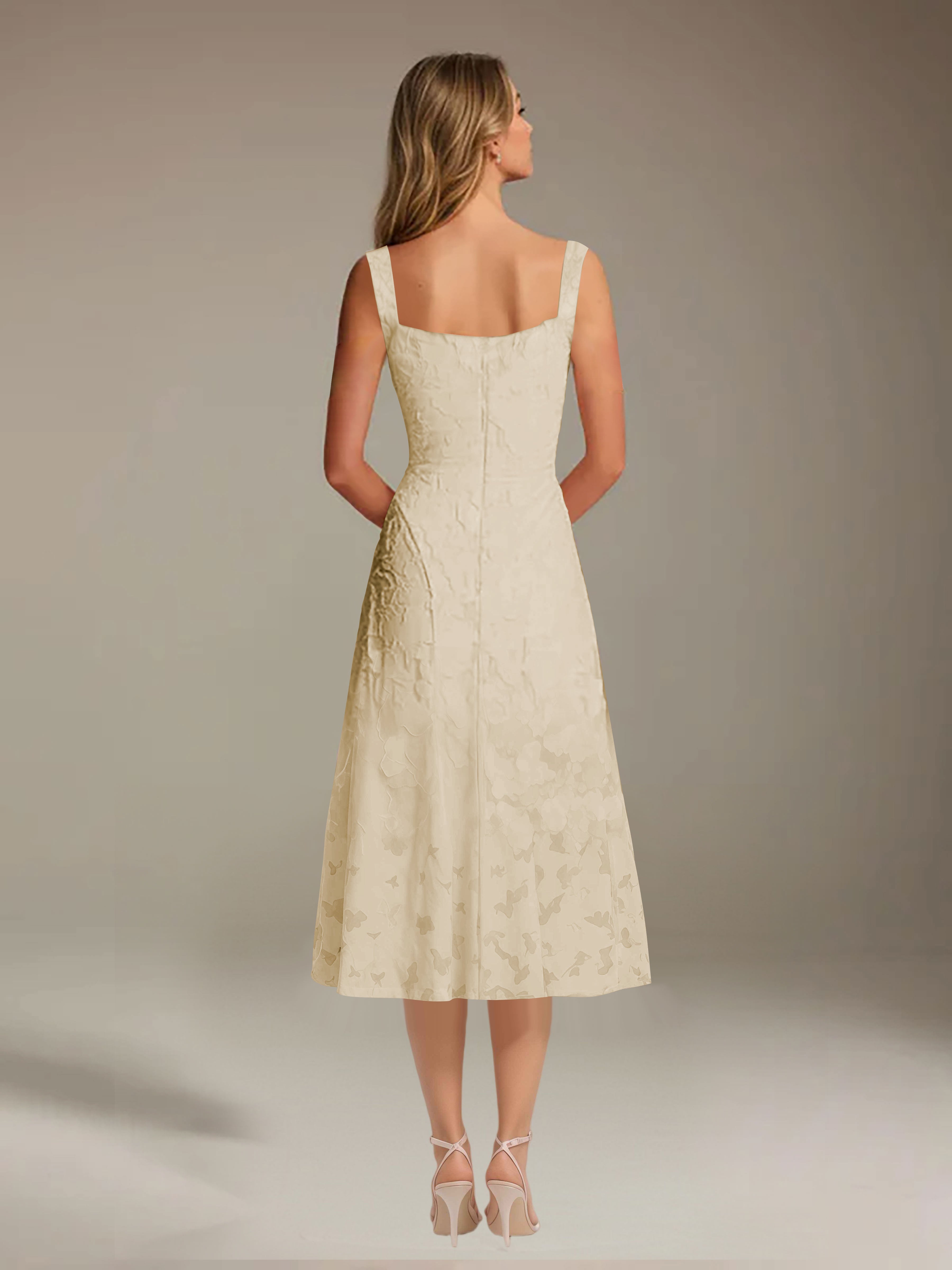 Vestido de encaje floreado de longitud media – línea A con escote cuadrado sin mangas, vestido formal para invitada de boda