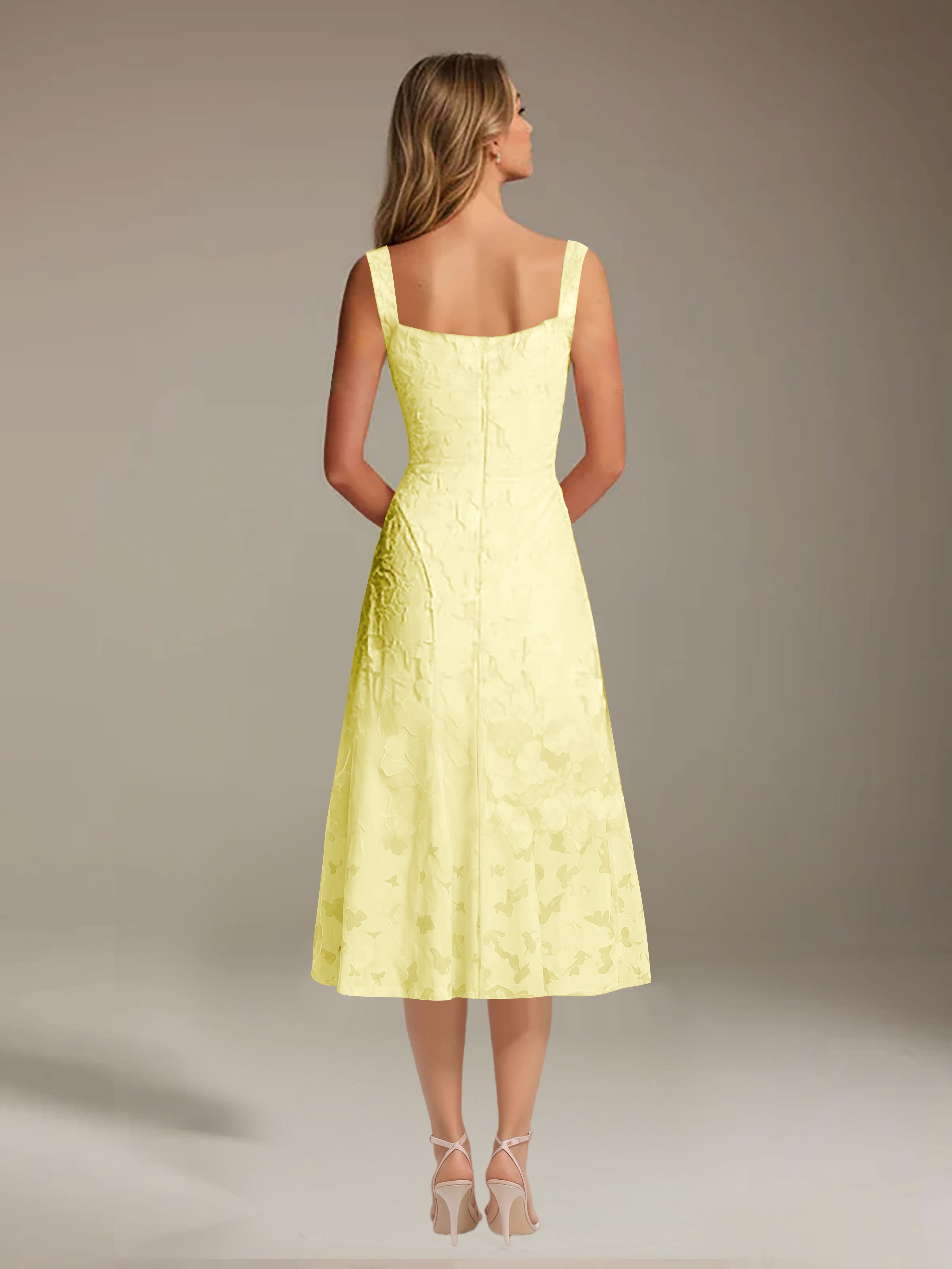 Vestido de encaje floreado de longitud media – línea A con escote cuadrado sin mangas, vestido formal para invitada de boda