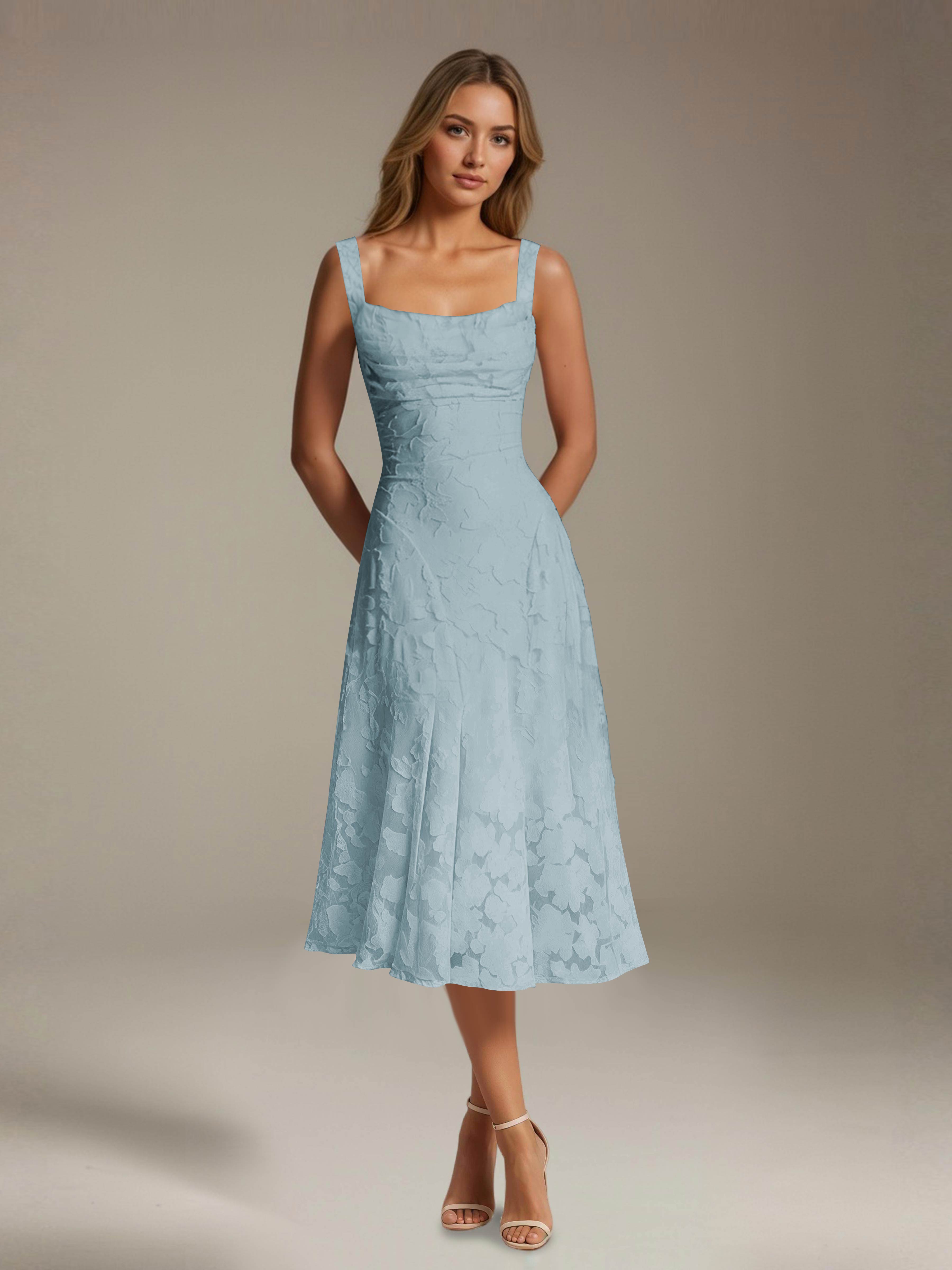 Vestido de encaje floreado de longitud media – línea A con escote cuadrado sin mangas, vestido formal para invitada de boda