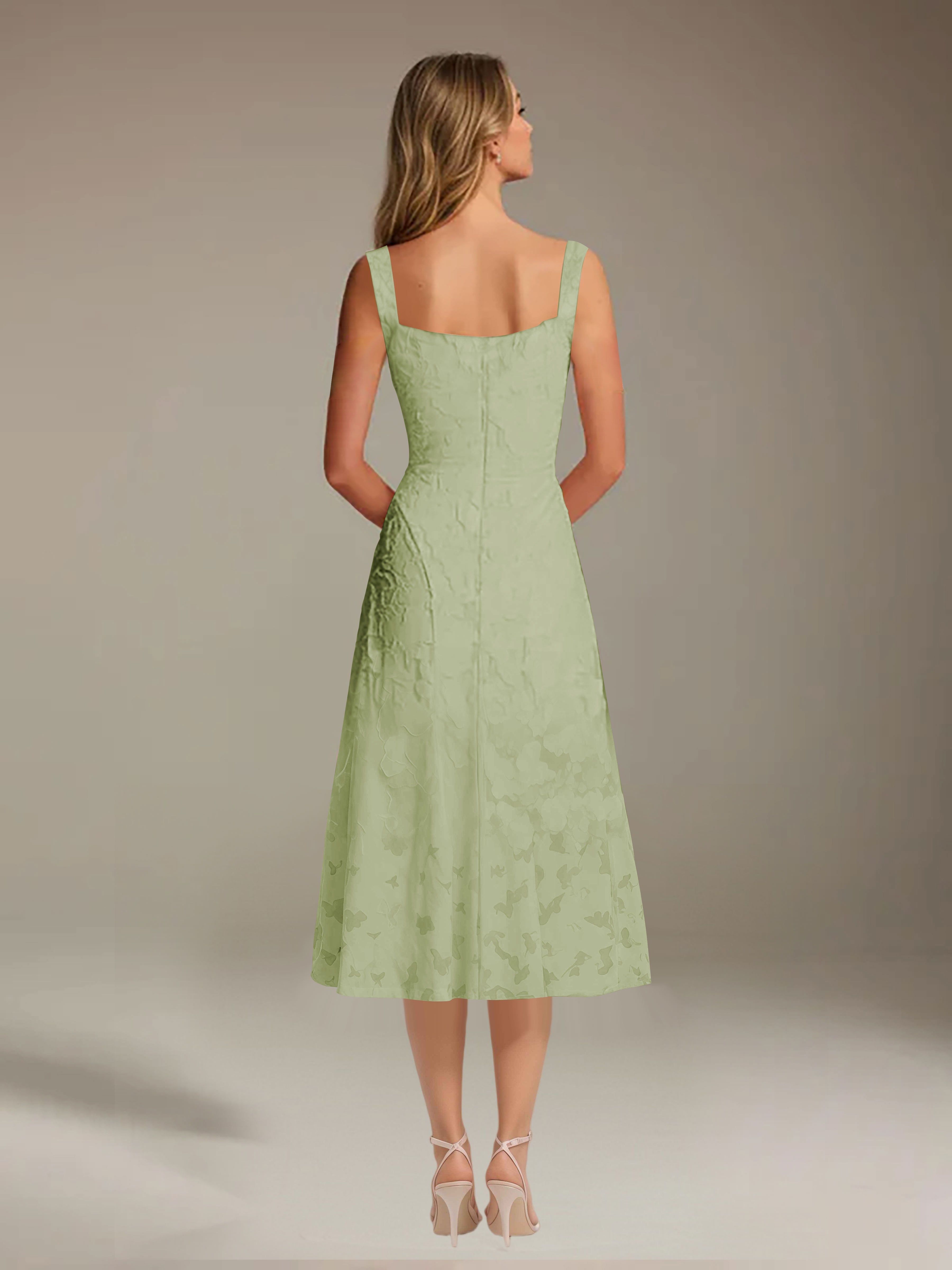 Vestido de encaje floreado de longitud media – línea A con escote cuadrado sin mangas, vestido formal para invitada de boda