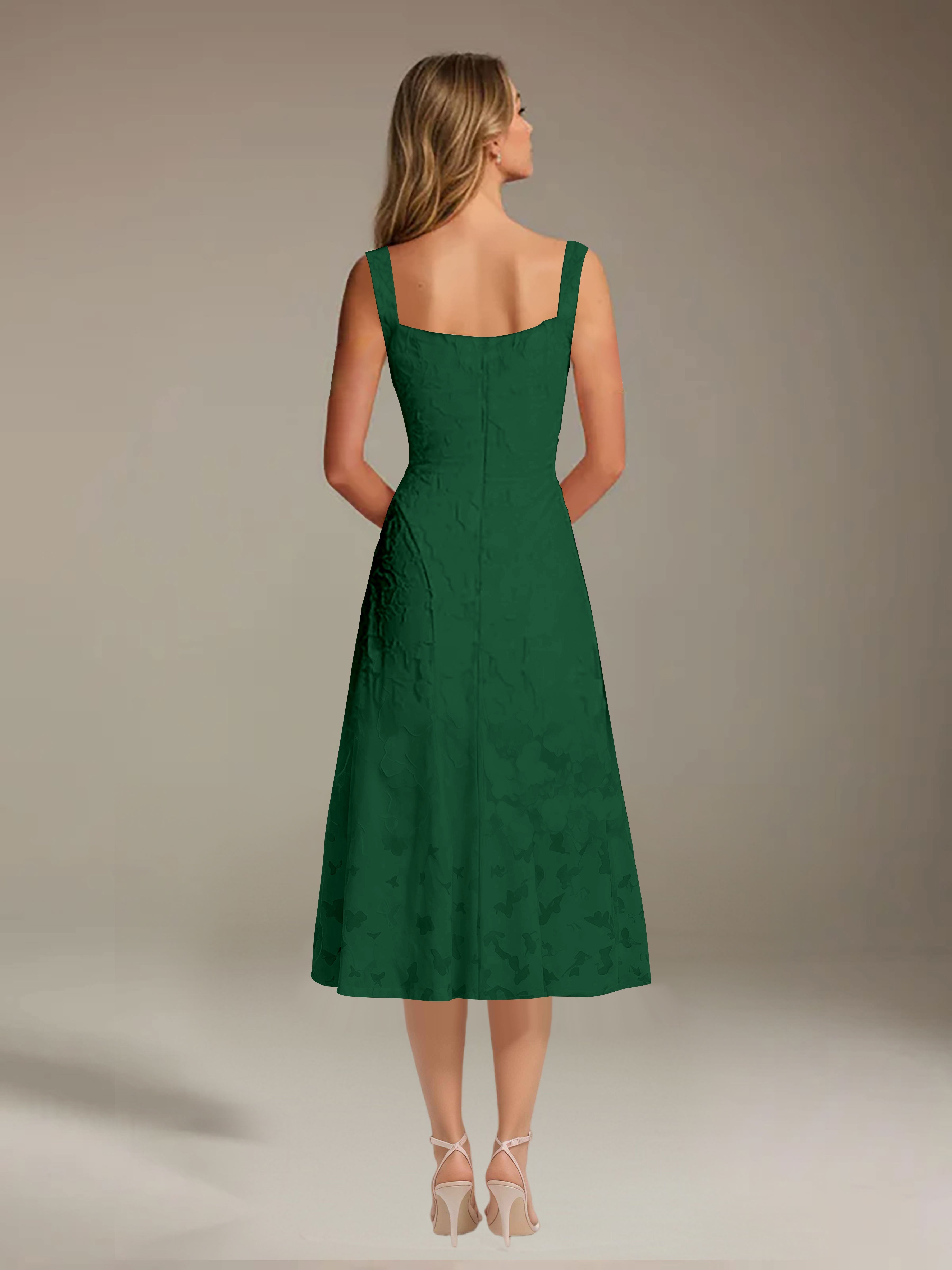 Vestido de encaje floreado de longitud media – línea A con escote cuadrado sin mangas, vestido formal para invitada de boda