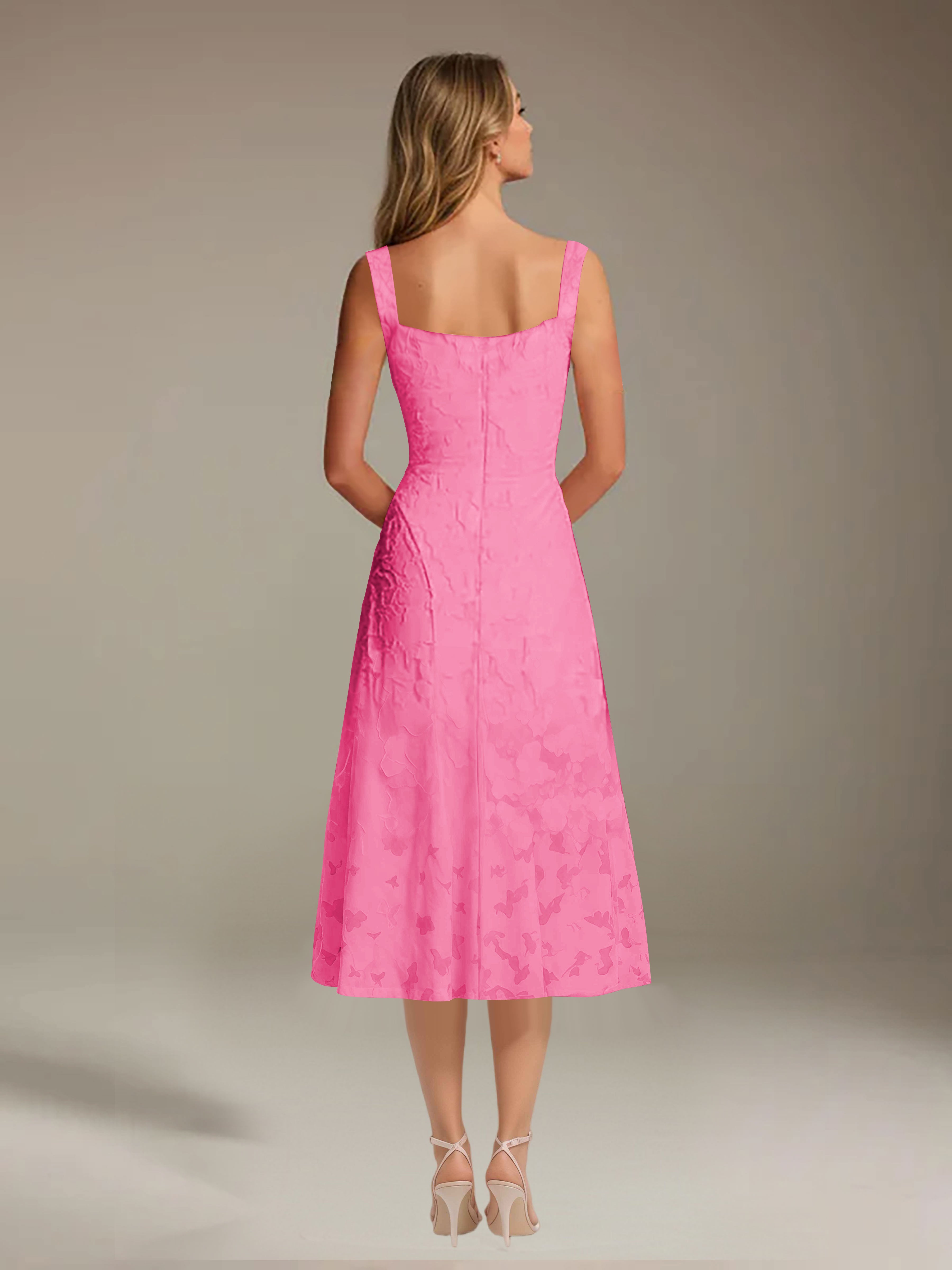 Vestido de encaje floreado de longitud media – línea A con escote cuadrado sin mangas, vestido formal para invitada de boda