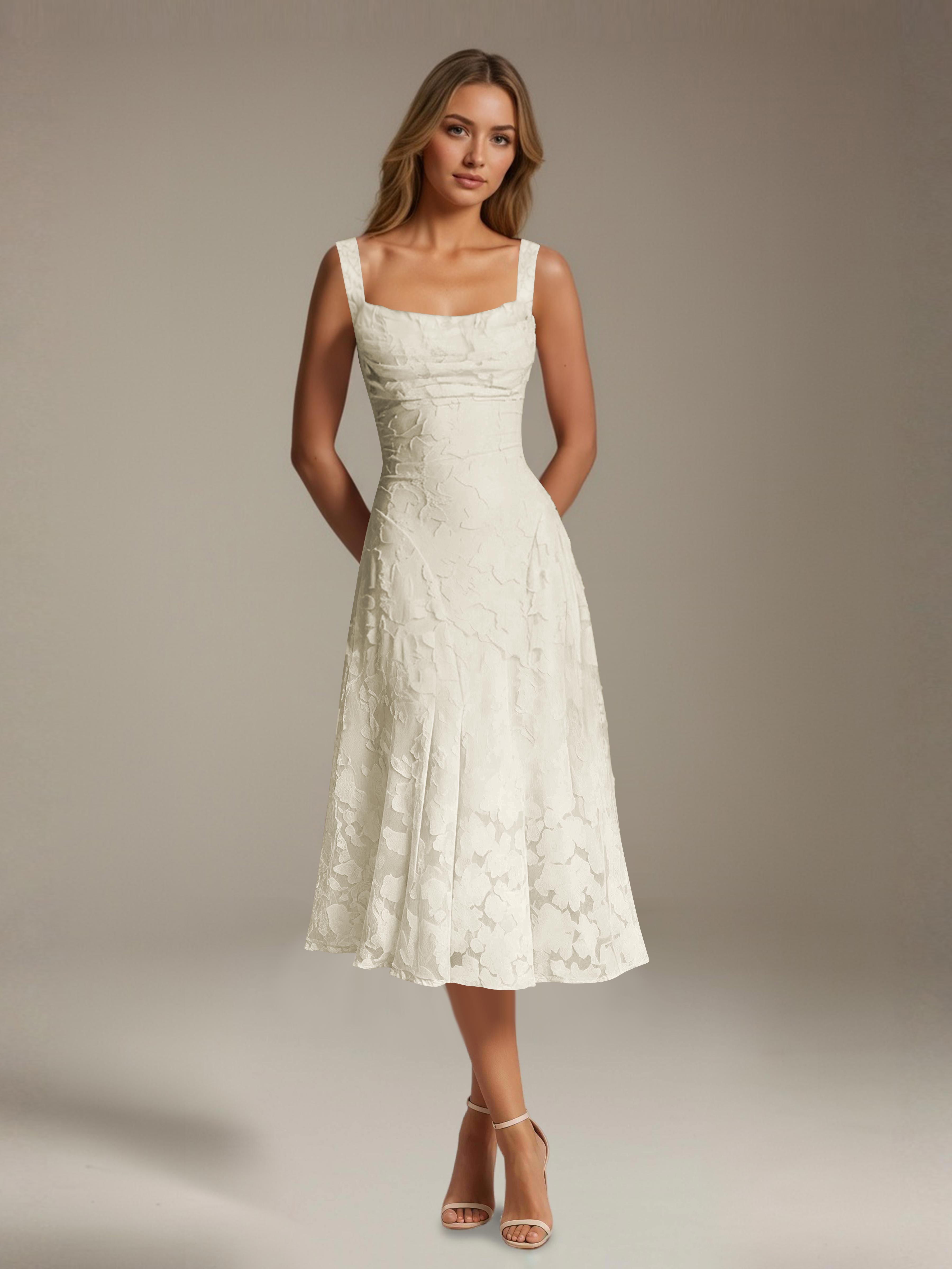 Floral Lace Tea-Length Dress – A-Line Square Neck Sleeveless Formal Wedding Guest Dress