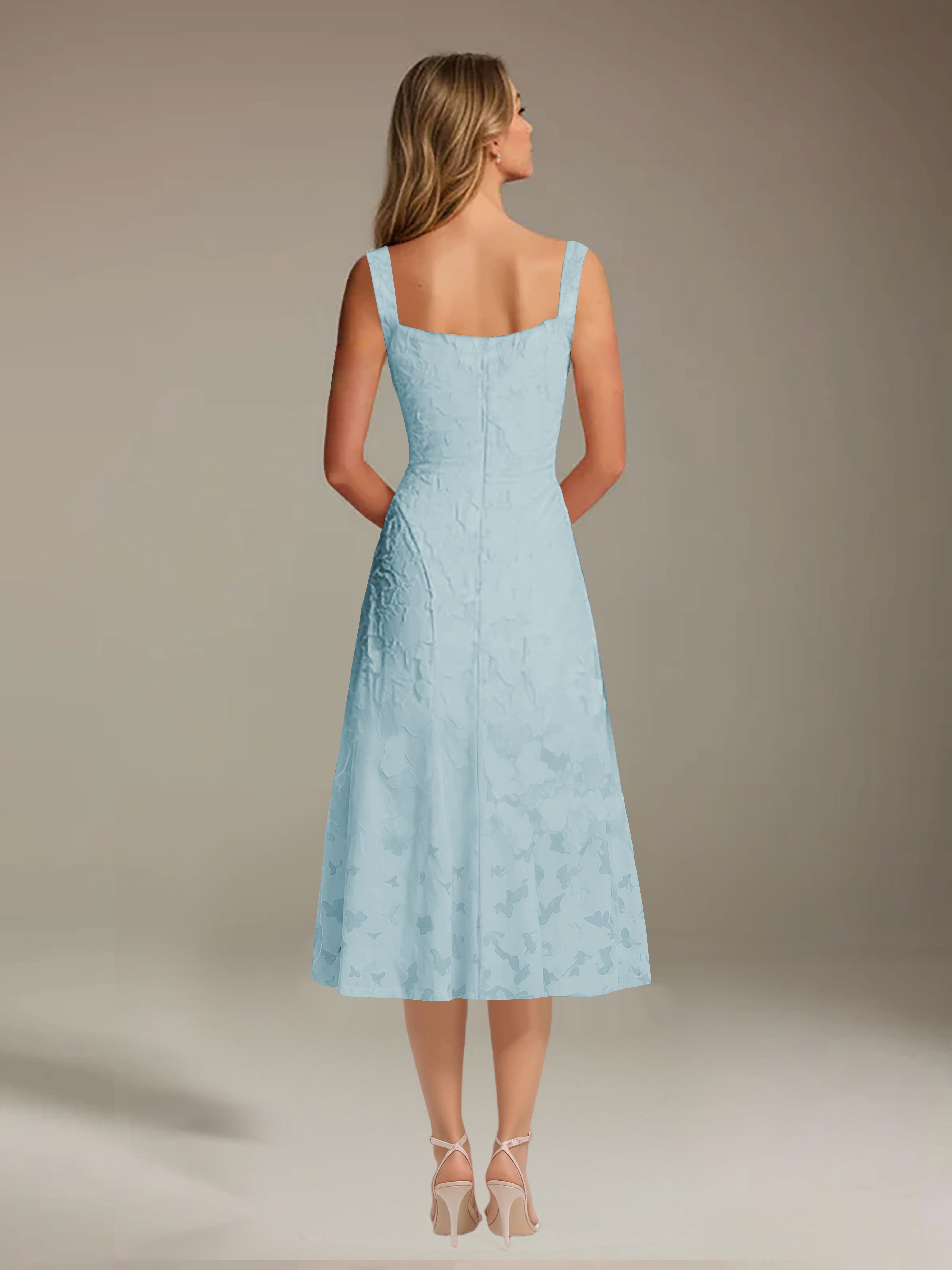 Vestido de encaje floreado de longitud media – línea A con escote cuadrado sin mangas, vestido formal para invitada de boda