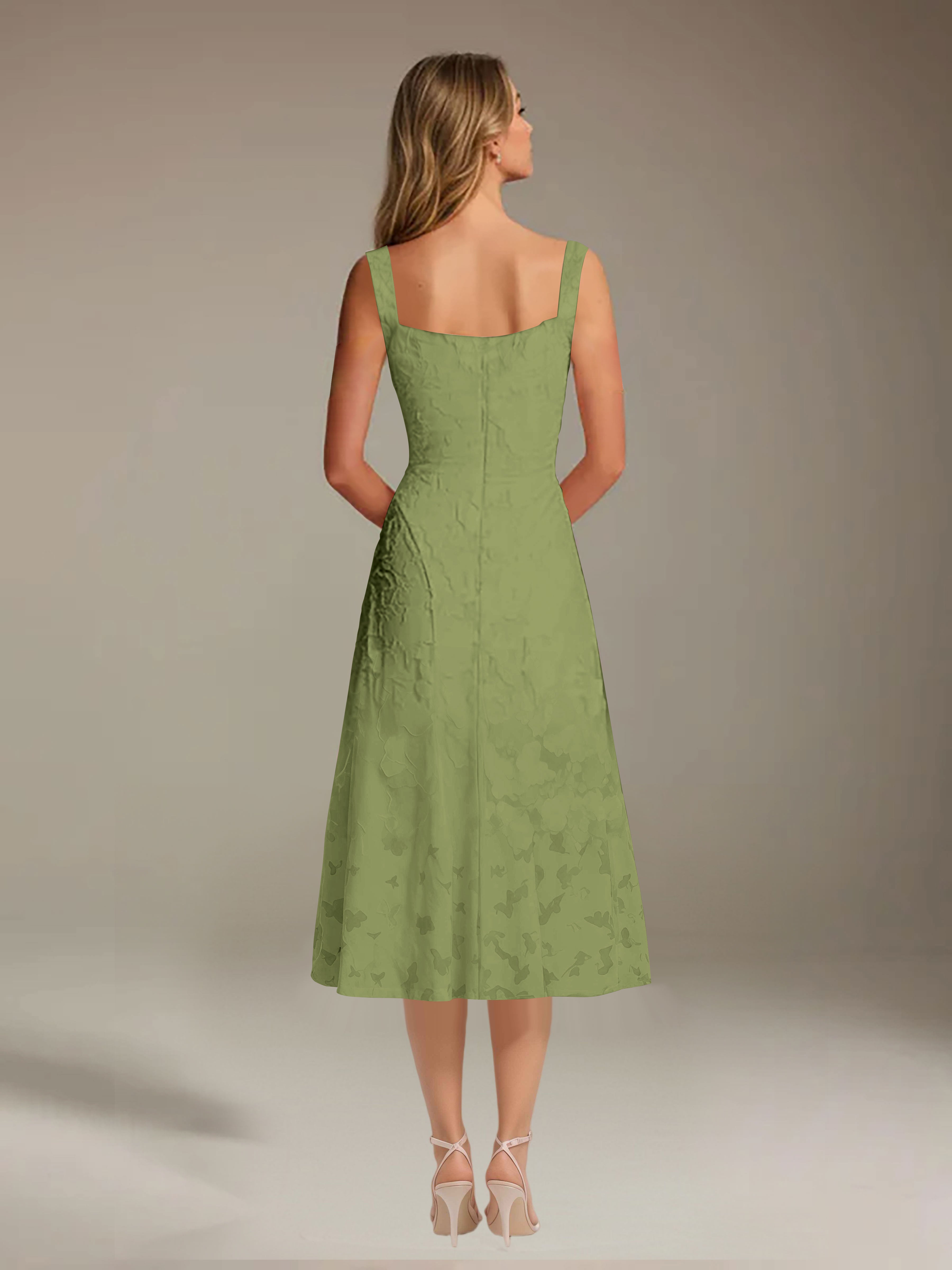 Vestido de encaje floreado de longitud media – línea A con escote cuadrado sin mangas, vestido formal para invitada de boda