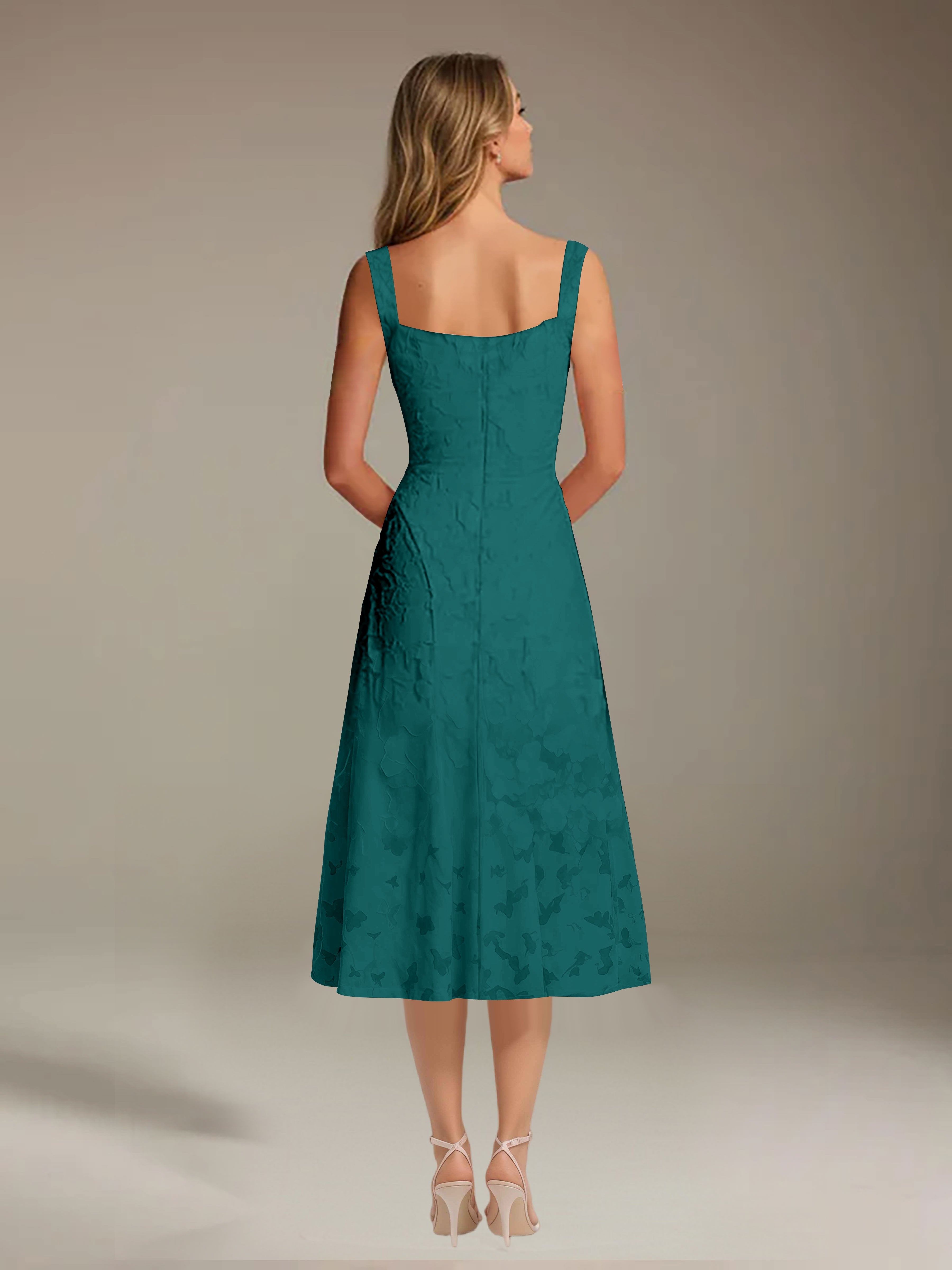 Vestido de encaje floreado de longitud media – línea A con escote cuadrado sin mangas, vestido formal para invitada de boda