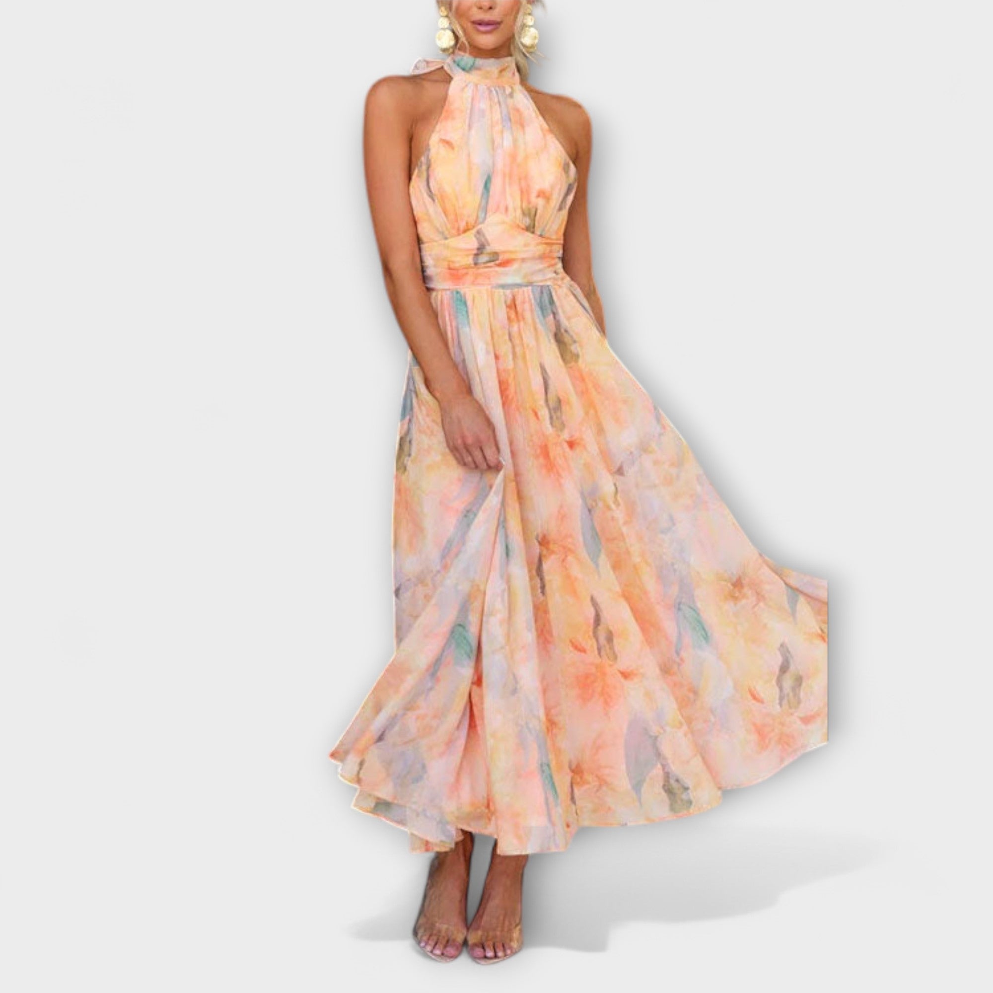Elegant Halterneck Maxikjole til Dame – Let Blomstret Sommerkjole med Flydende Pasform