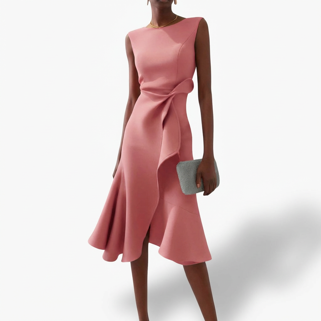 Dame Midi Kjole Draperet Asymmetrisk Volant
