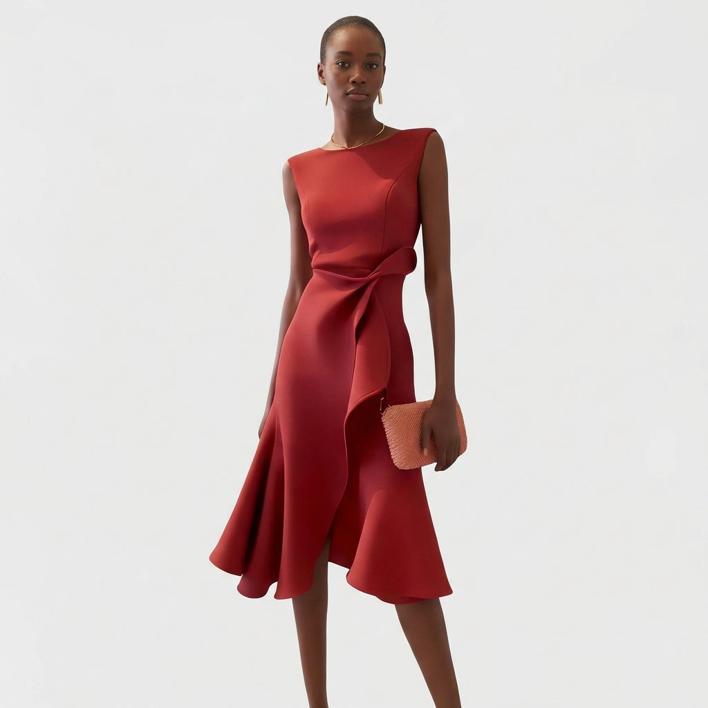 Dame Midi Kjole Draperet Asymmetrisk Volant