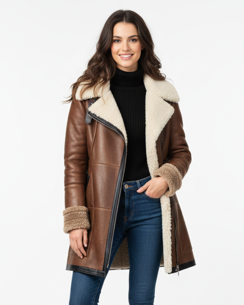 Lang Jakke til Kvinder i Imiteret Læder med Shearling-For