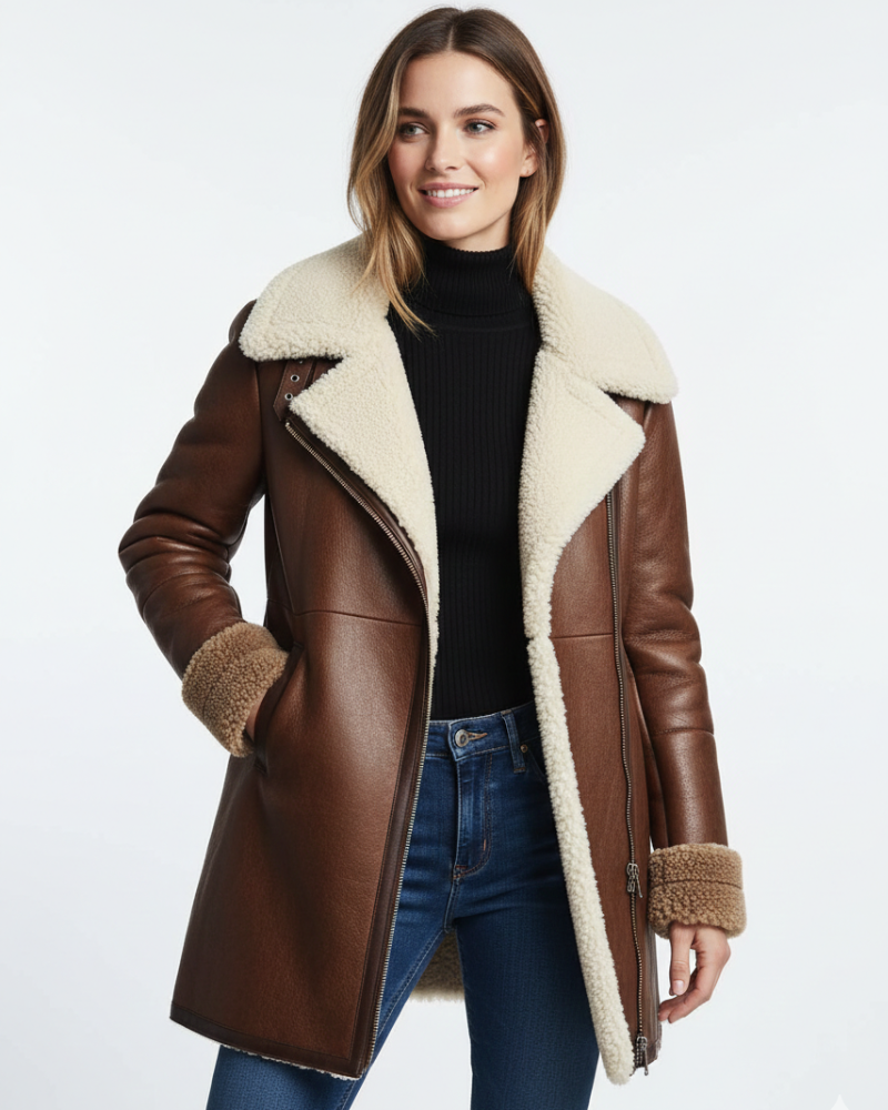 Lang Jakke til Kvinder i Imiteret Læder med Shearling-For