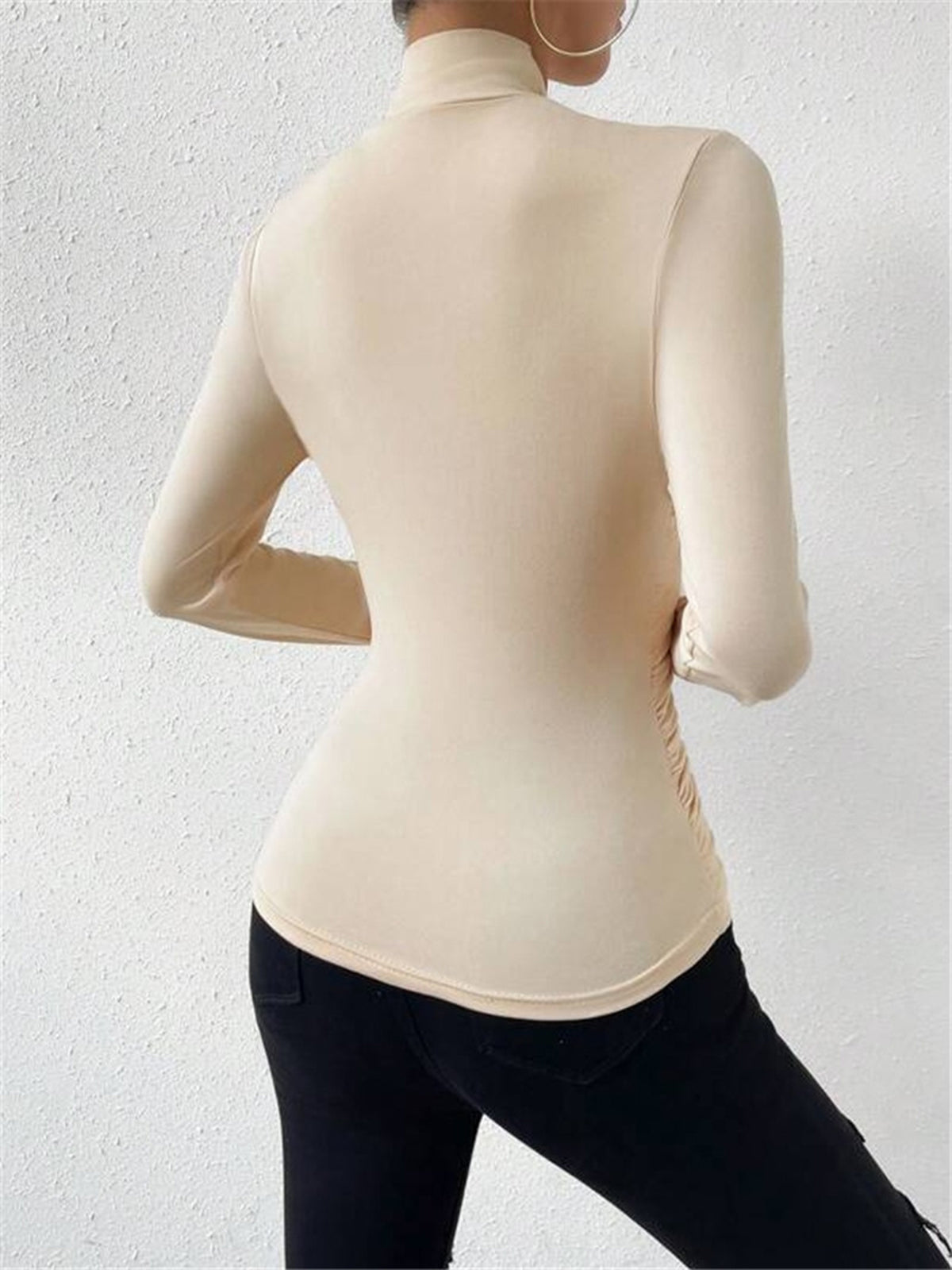 Draped Crossover Long-Sleeved Top - Elegant High-Neck Blouse